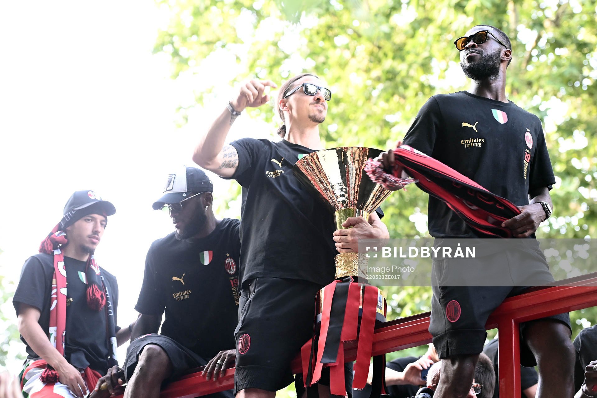 Zlatan Ibrahimovic of Milan celebrates during the victory parade after winning Serie A on May 23, 2022 in Milan. 