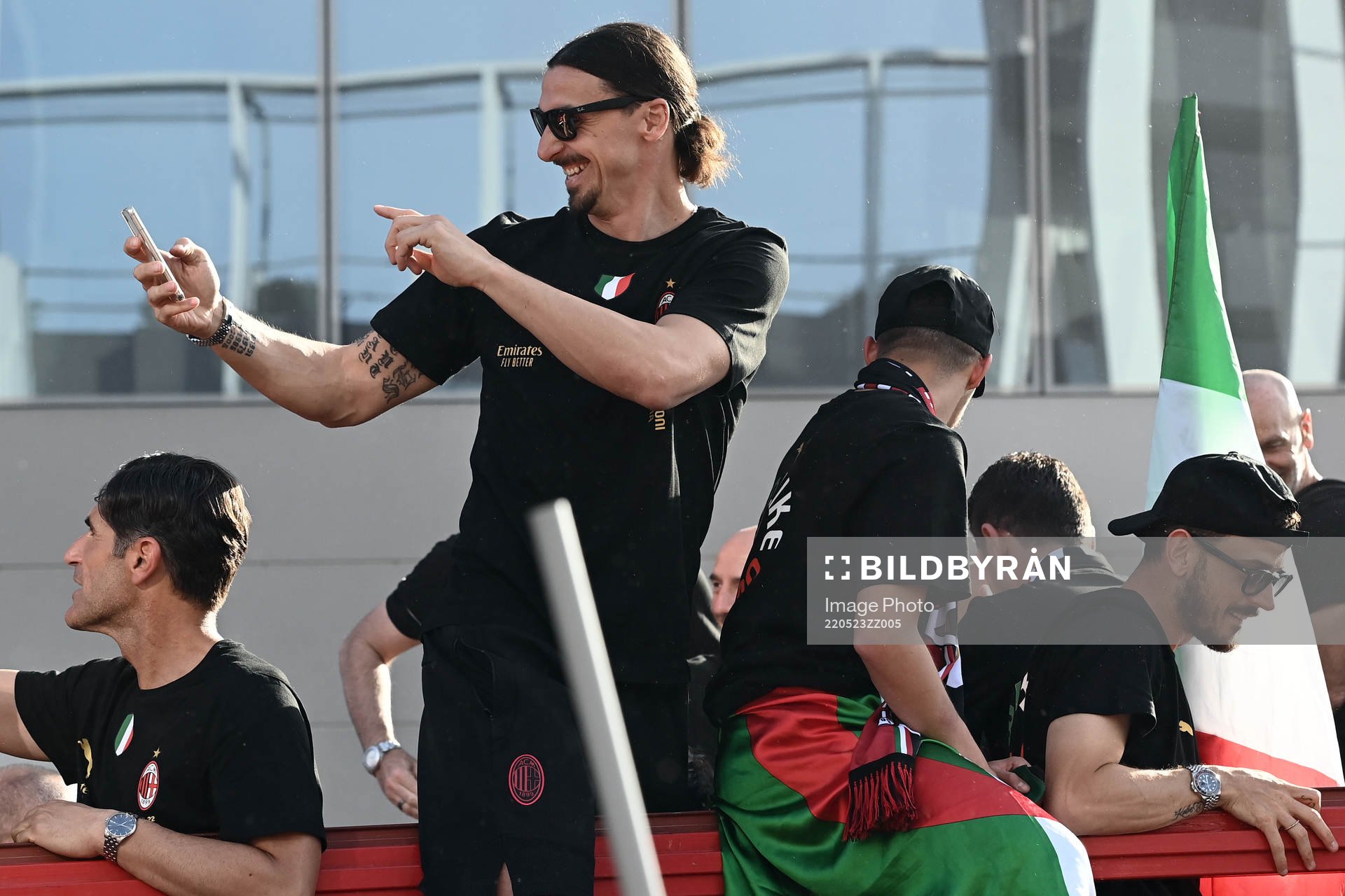 Zlatan Ibrahimovic of Milan celebrates during the victory parade after winning Serie A on May 23, 2022 in Milan. 

