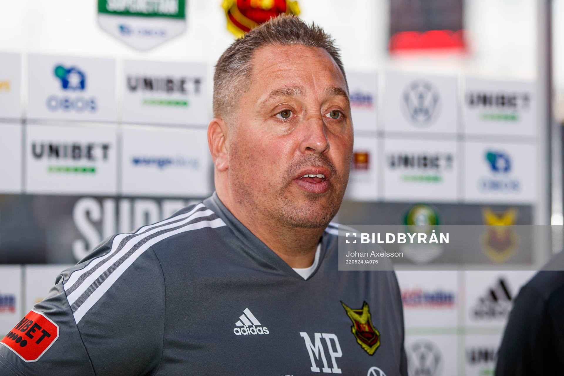 Östersunds tränare Magnus Powell under presskonferensen efter fotbollsmatchen i Superettan mellan Östersund och Örgryte den 24 maj 2022 i Östersund. 