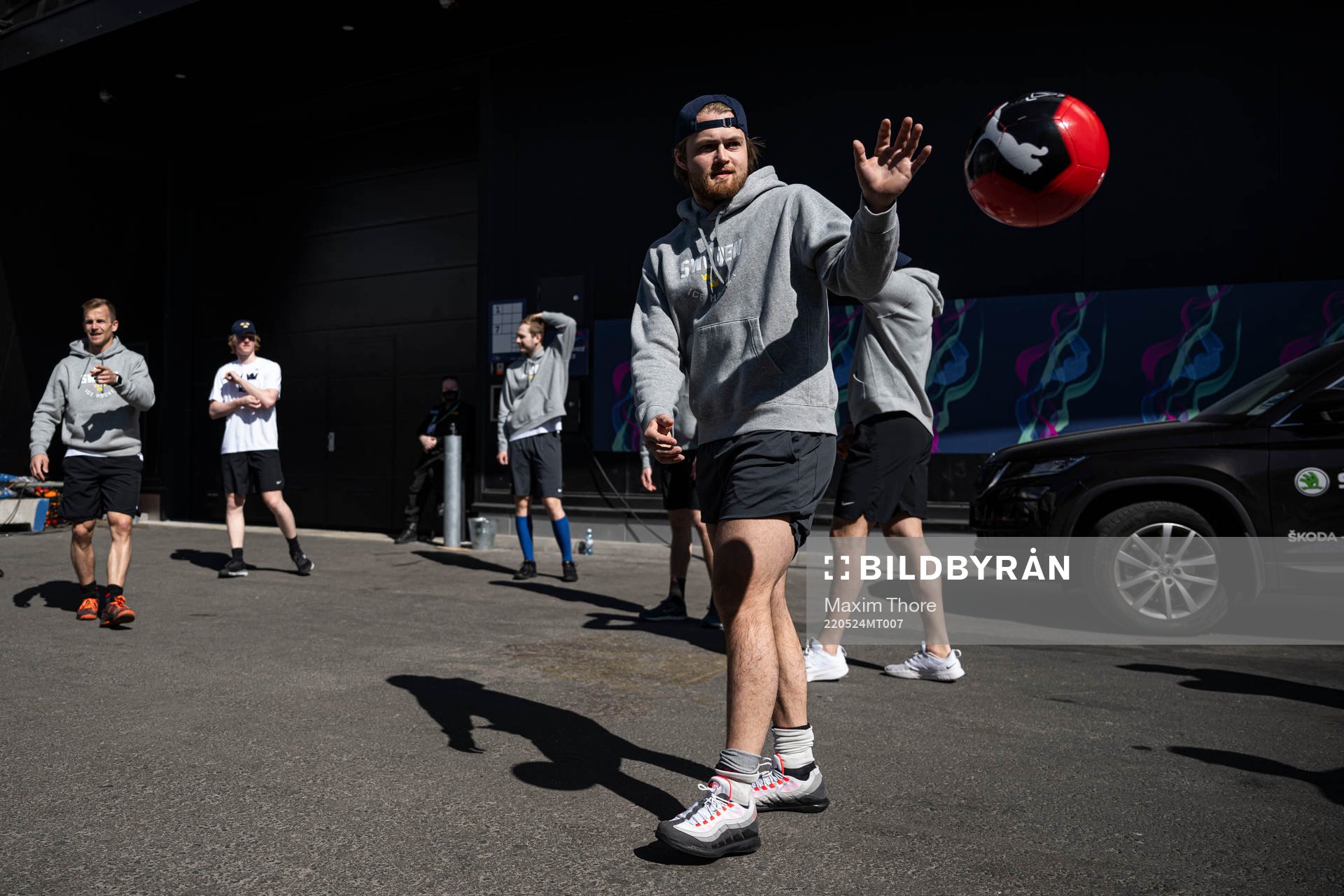 William Nylander of Sweden play football with teammates