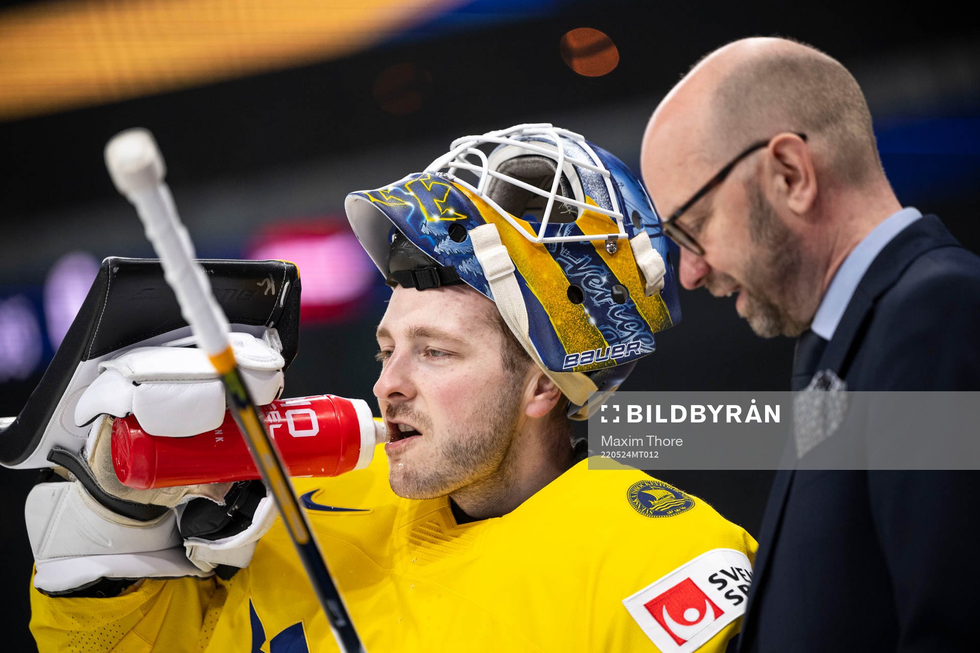 Goaltender Linus Ullmark and goaltender coach Stefan Ladhe