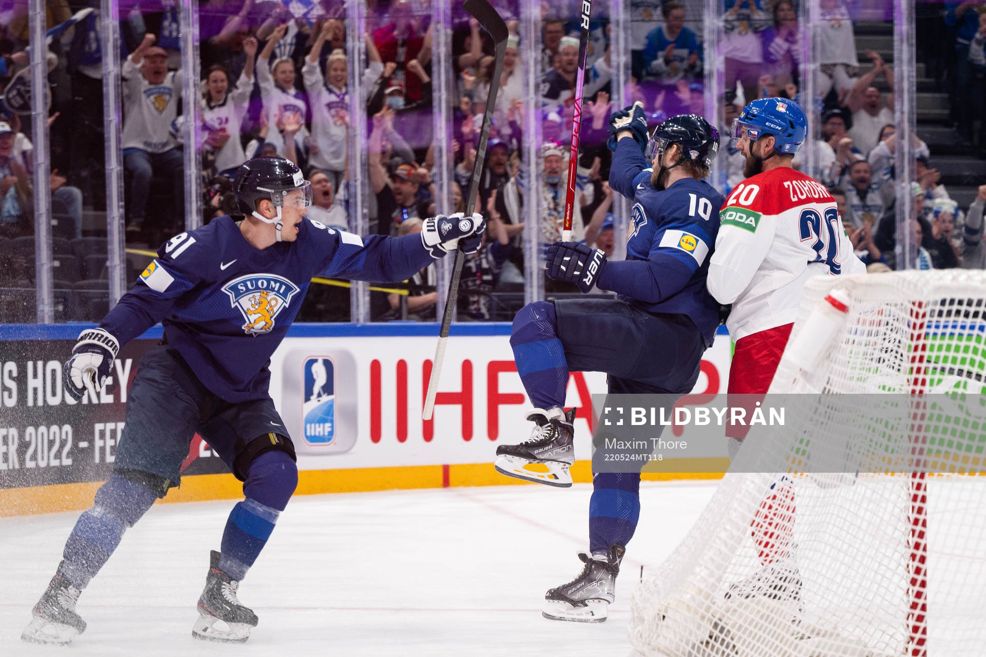 Juho Lammikko and Joel Armia of Finland celebrate the 1-0
