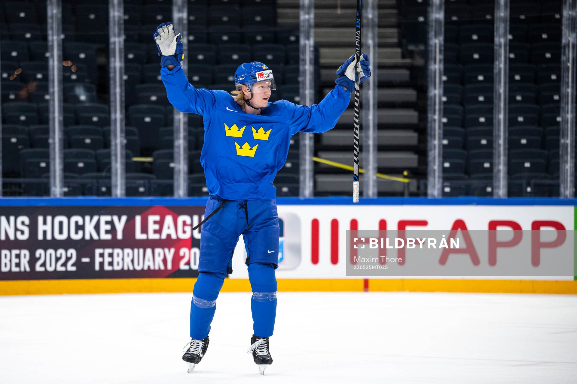Rasmus Dahlin of Sweden celebrates at a practice session