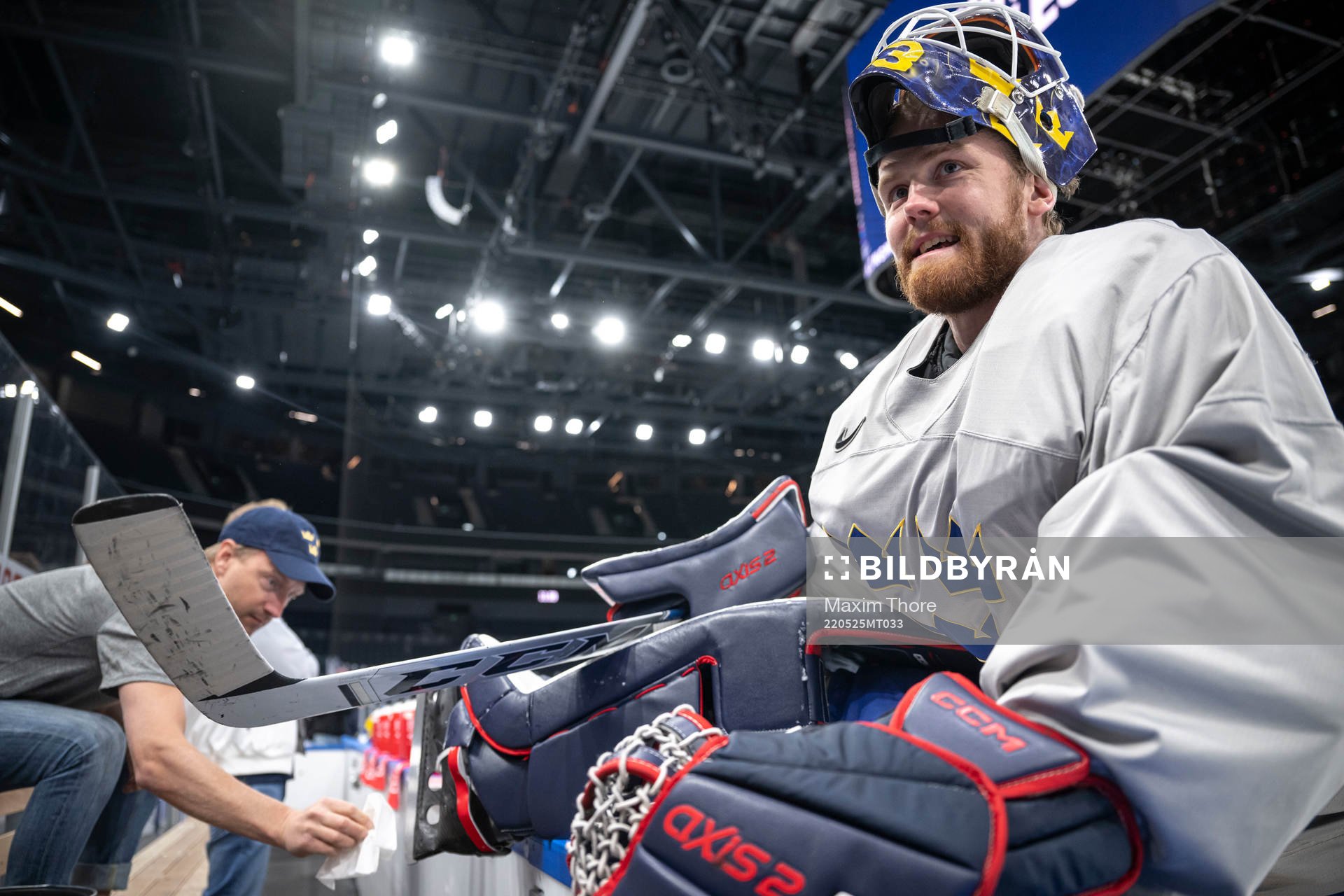 Goaltender Marcus Högberg of Sweden at a practice session