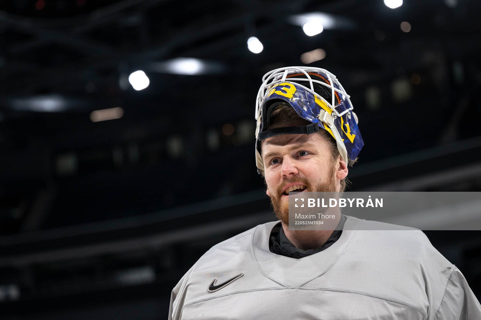 Goaltender Marcus Högberg of Sweden at a practice session