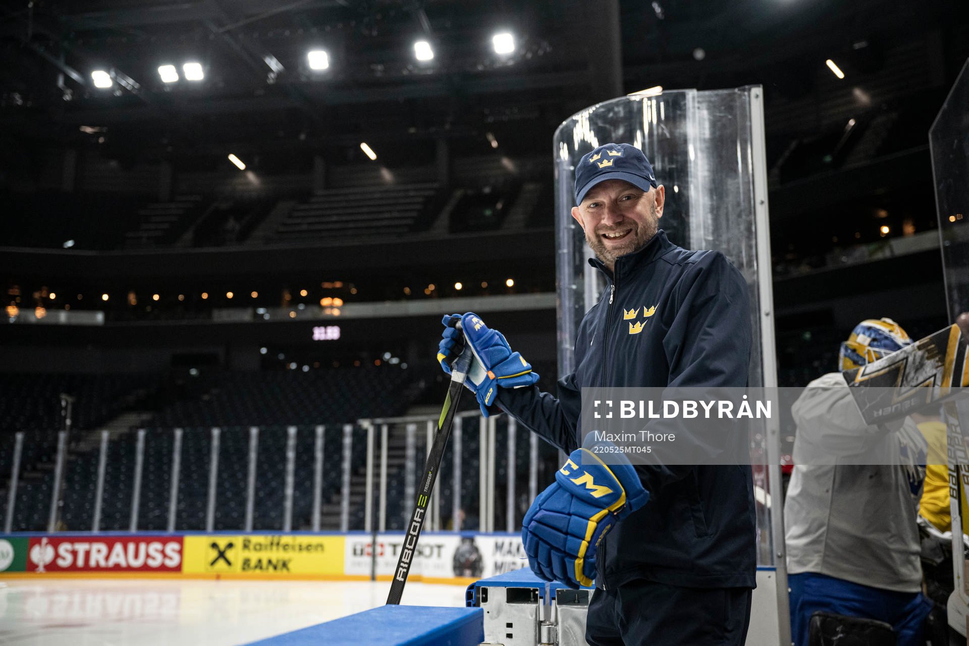 Goaltender coach Stefan Ladhe of Sweden at a practice