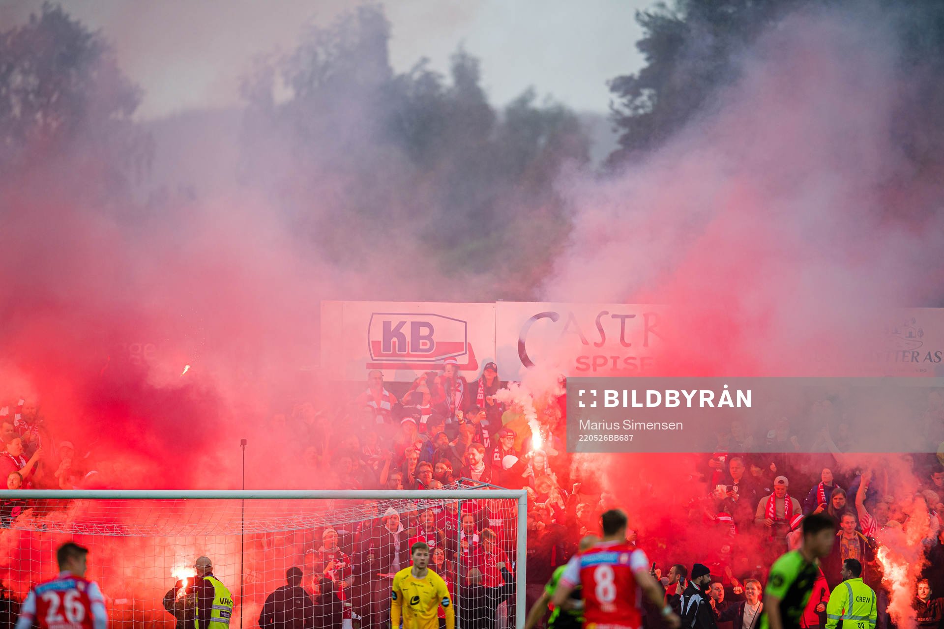 Spectators in the stands celebrates after the 0-1 goal during the OBOS-ligaen match between Kongsvinger and Brann on May 26, 2022 in Kongsvinger.