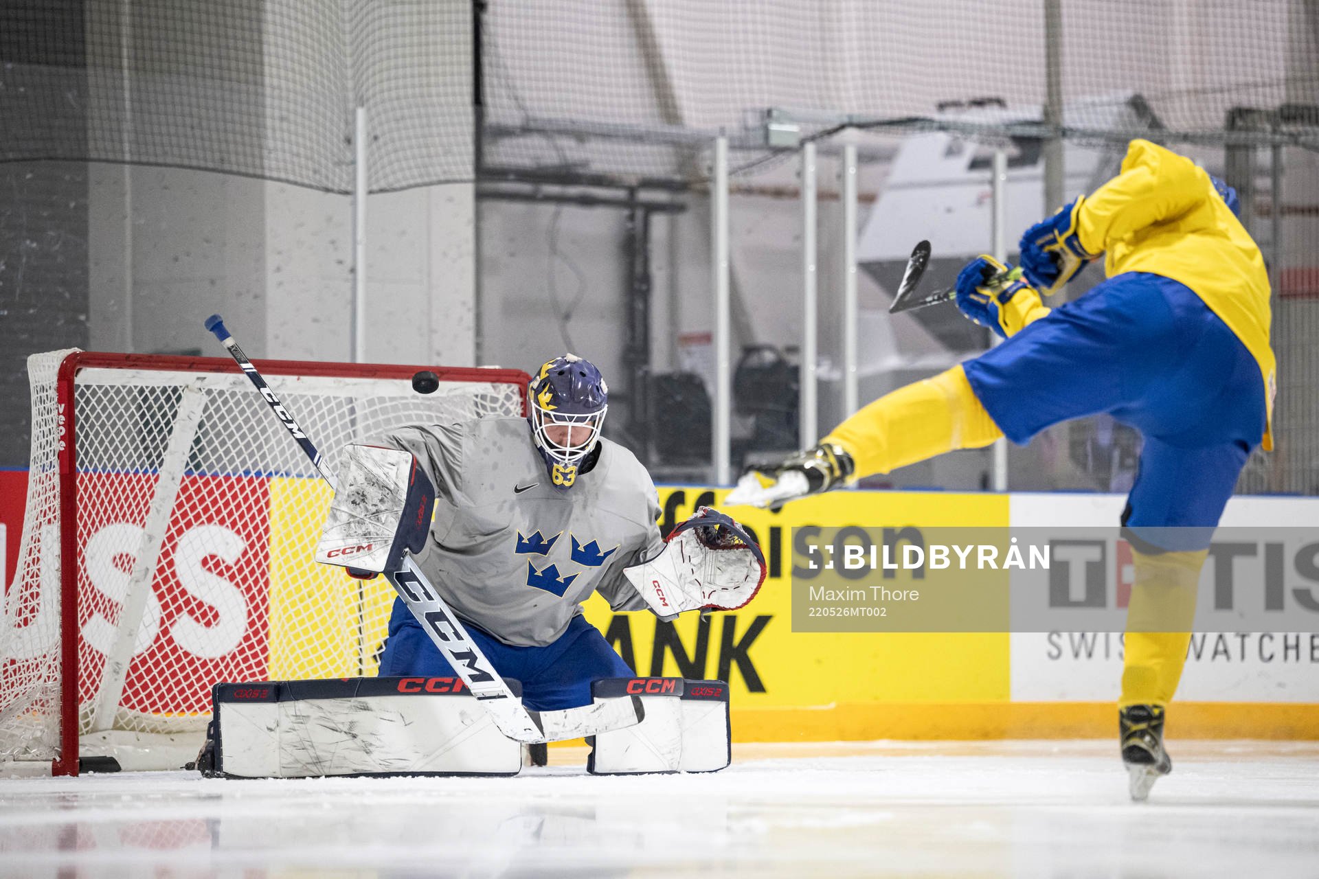 Goaltender Marcus Högberg of Sweden at a practice session