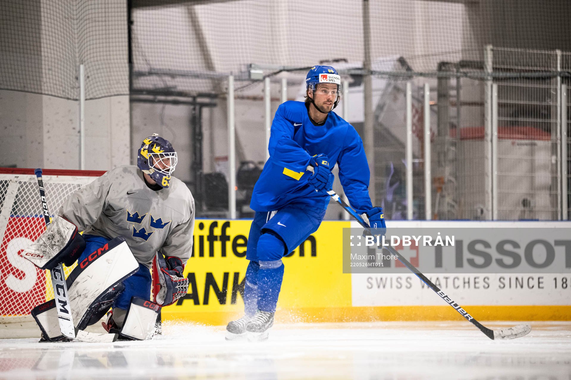 Goaltender Marcus Högberg and Mathias Bromé of Sweden at