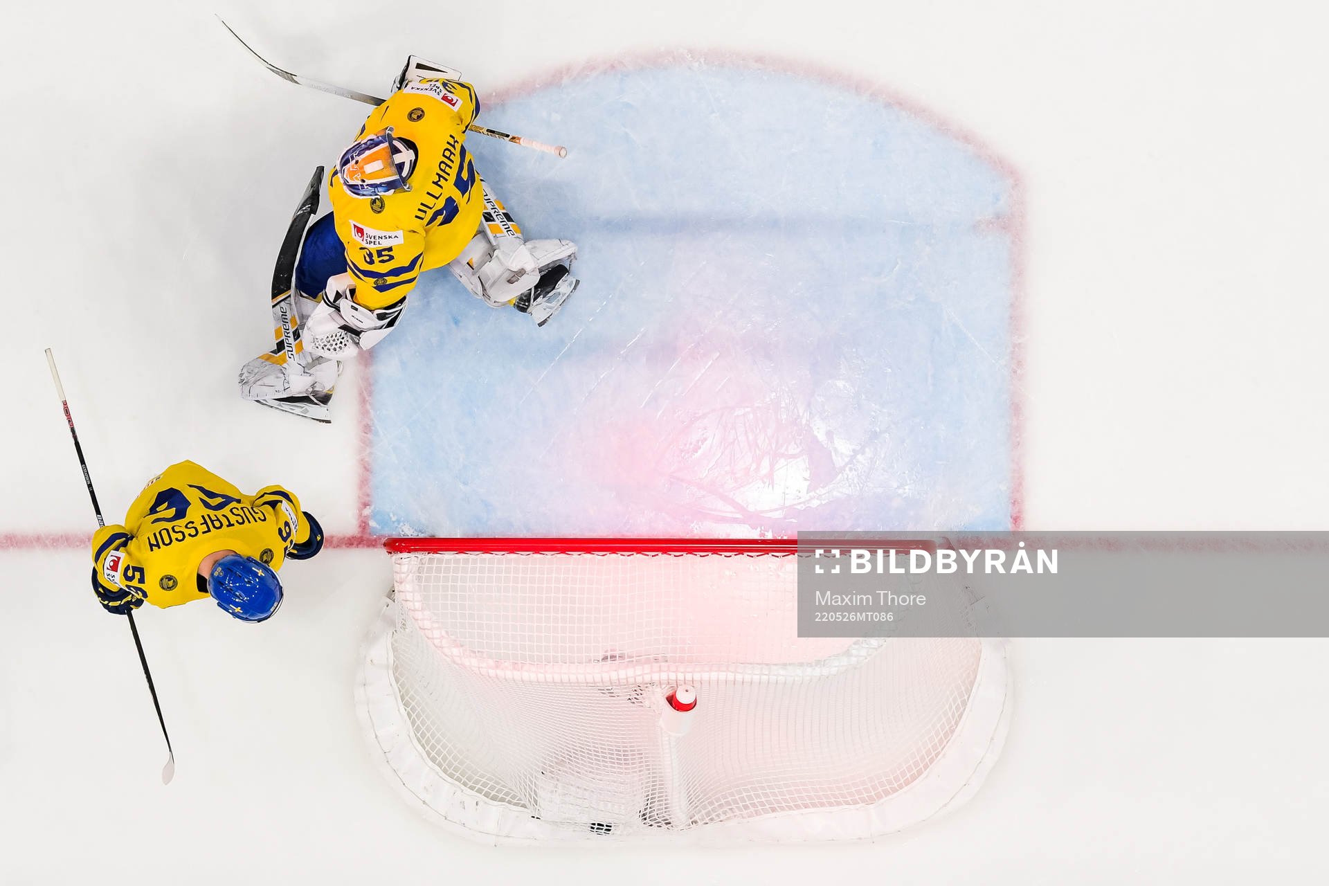 Erik Gustafsson and goaltender Linus Ullmark of Sweden look