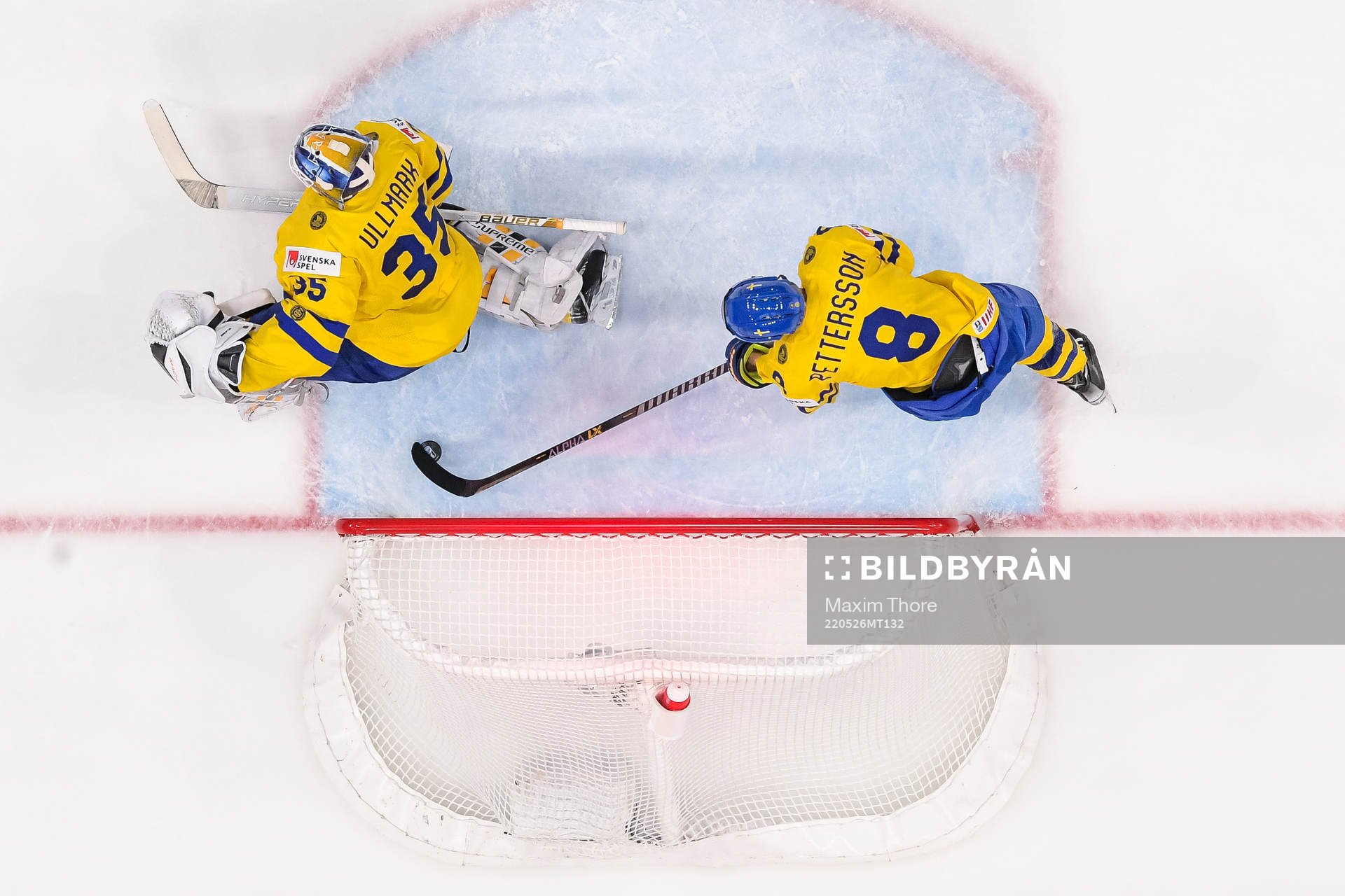 Marcus Pettersson and goaltender Linus Ullmark of Sweden