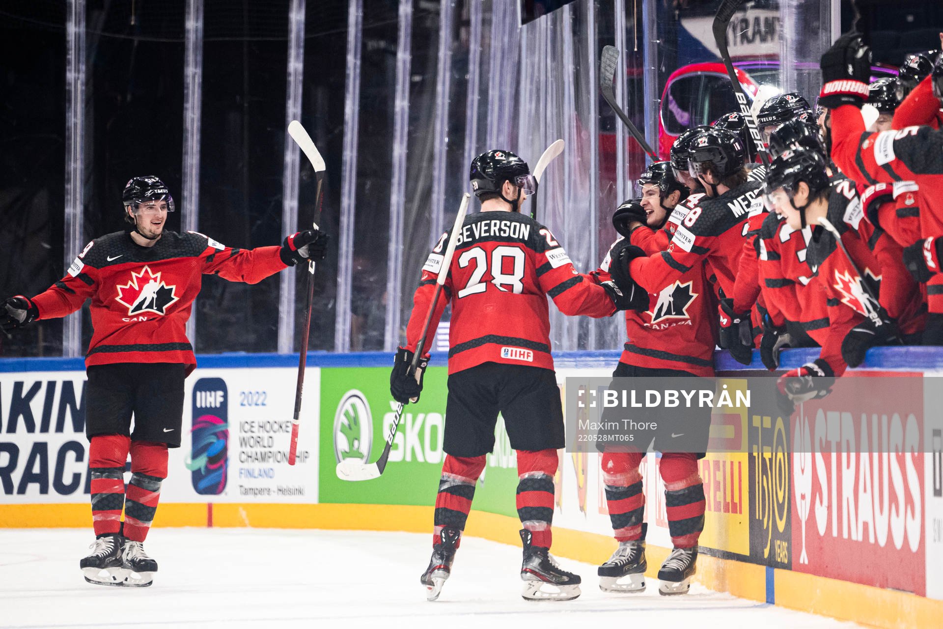 Matt Barzal of Canada celebrates the 4-1 goal