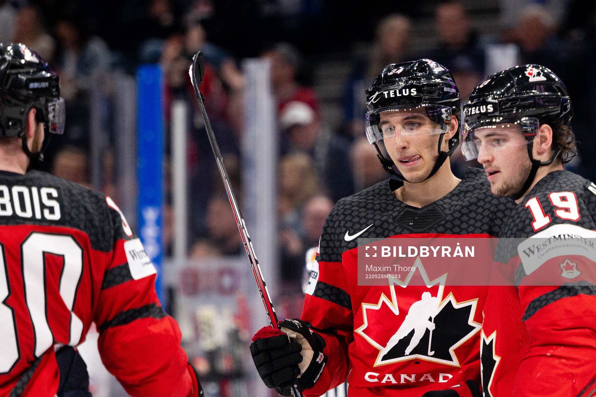 Dylan Cozens of Canada celebrates the 6-1 goal