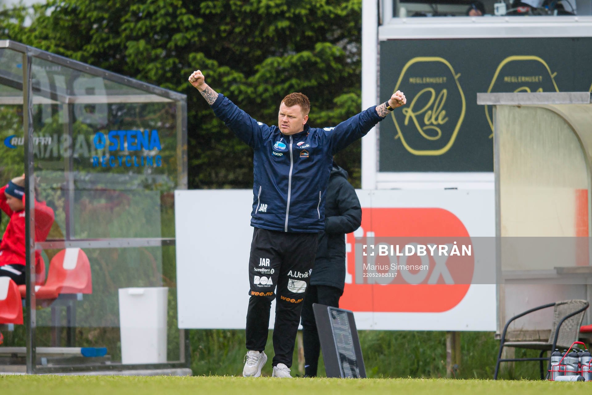 John Arne Riise, head coach of Avaldnes, celebrates after the 1-0 goal during the Toppserien football match between Avaldsnes and Brann on May 29, 2022 in Karmøy.