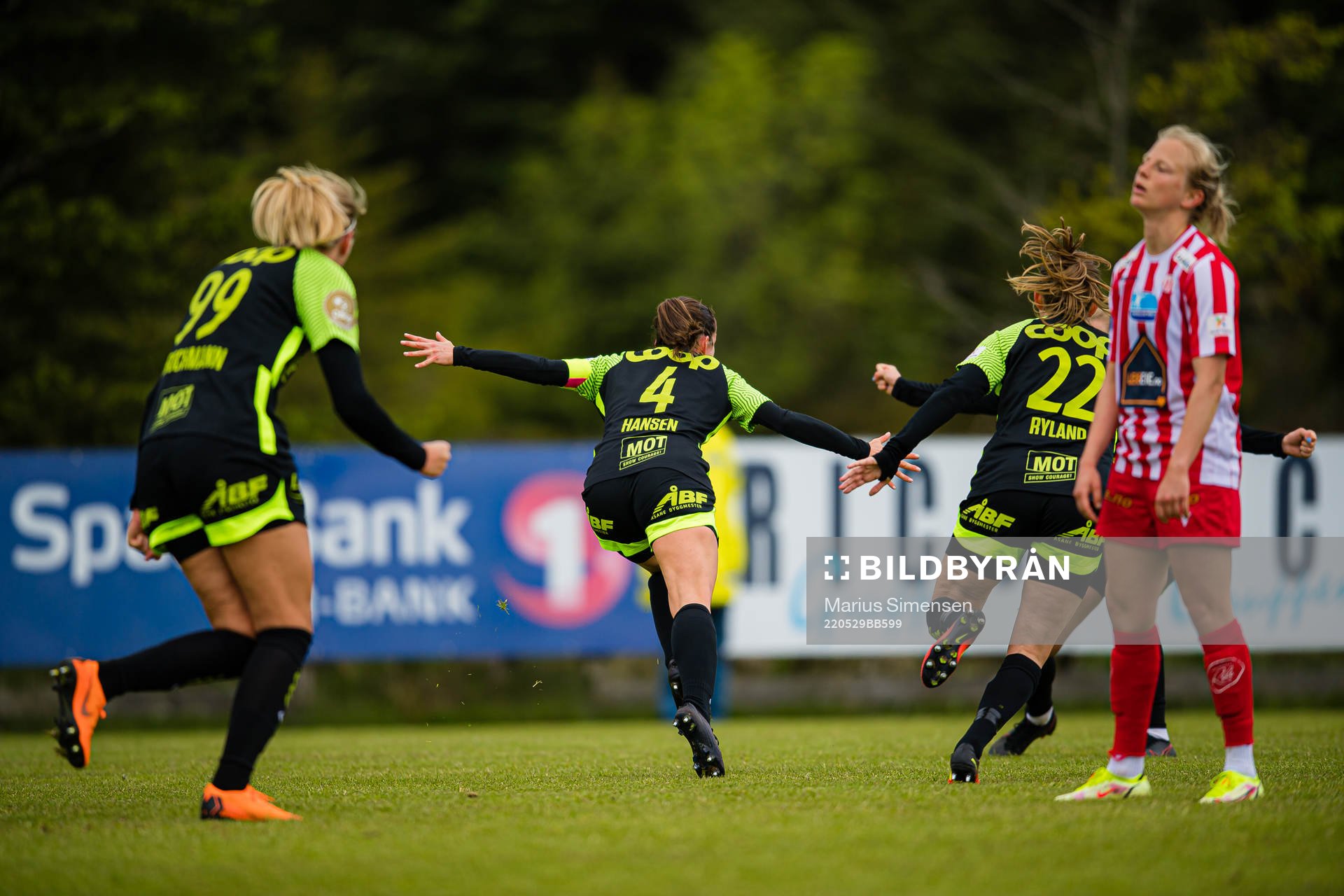 Tuva Hansen of Brann celebrates after scoring the 1-2 goal during the Toppserien football match between Avaldsnes and Brann on May 29, 2022 in Karmøy.