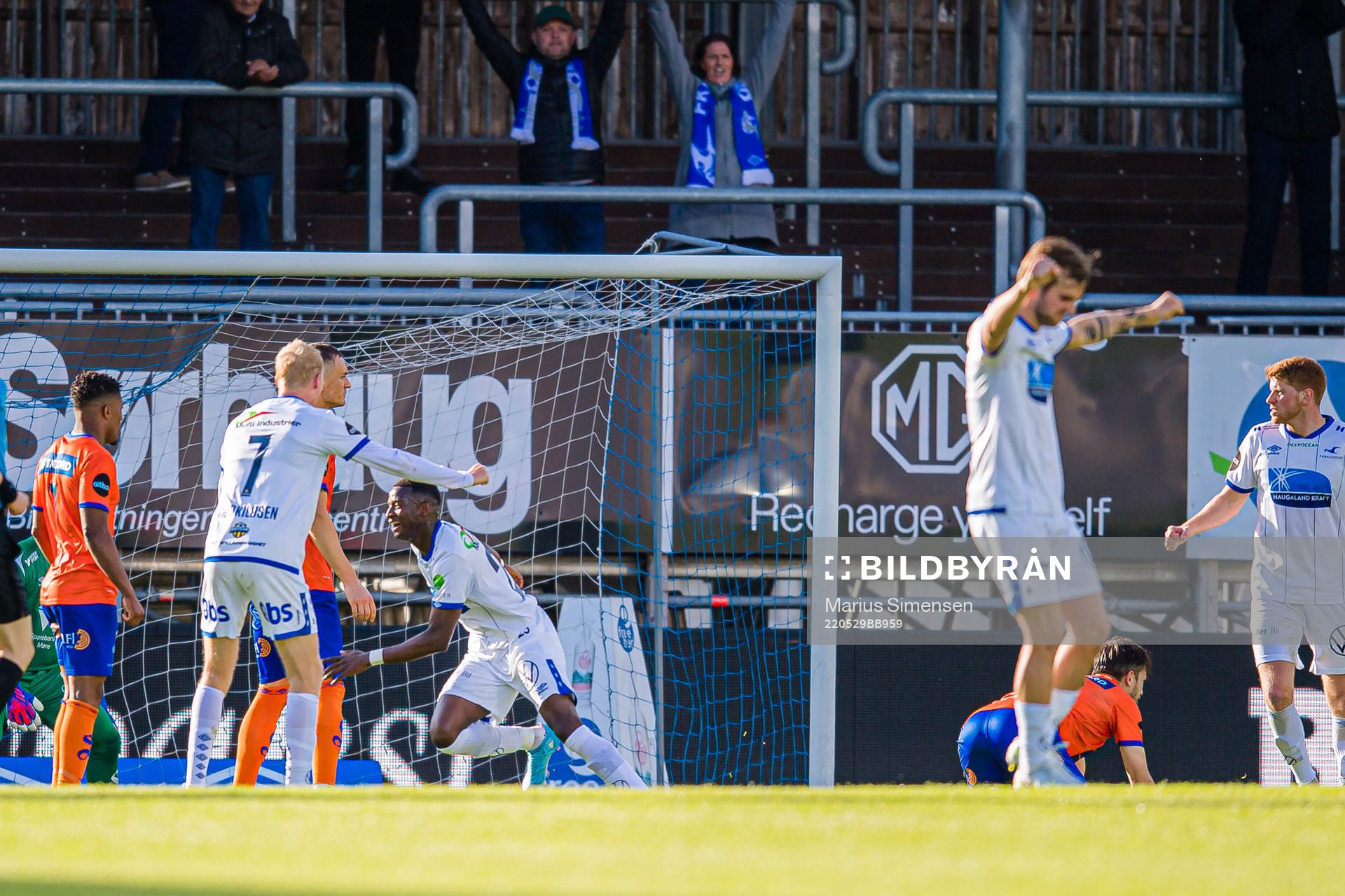 Alioune Ndour of Haugesund celebrates after scoring the 2-1 goal during the Eliteserien match between Haugesund and Aalesund on May 29, 2022 in Haugesund.
