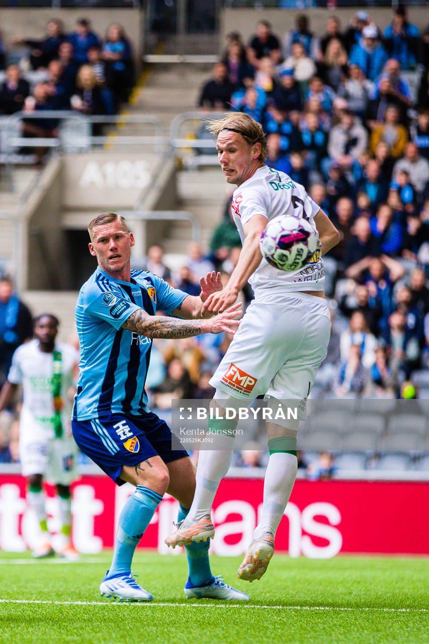 Djurgårdens Victor Edvardsen och Varbergs Hampus Zachrisson