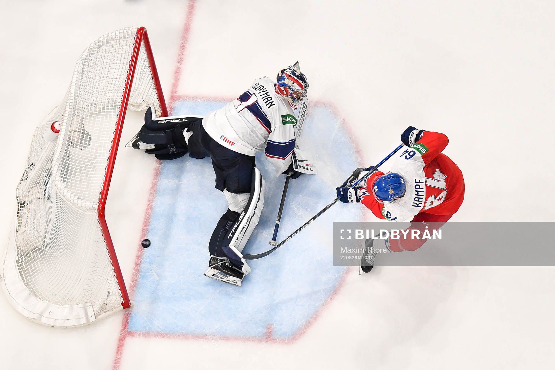 David Kampf of Czech Republic scores the 6-3 goal behind