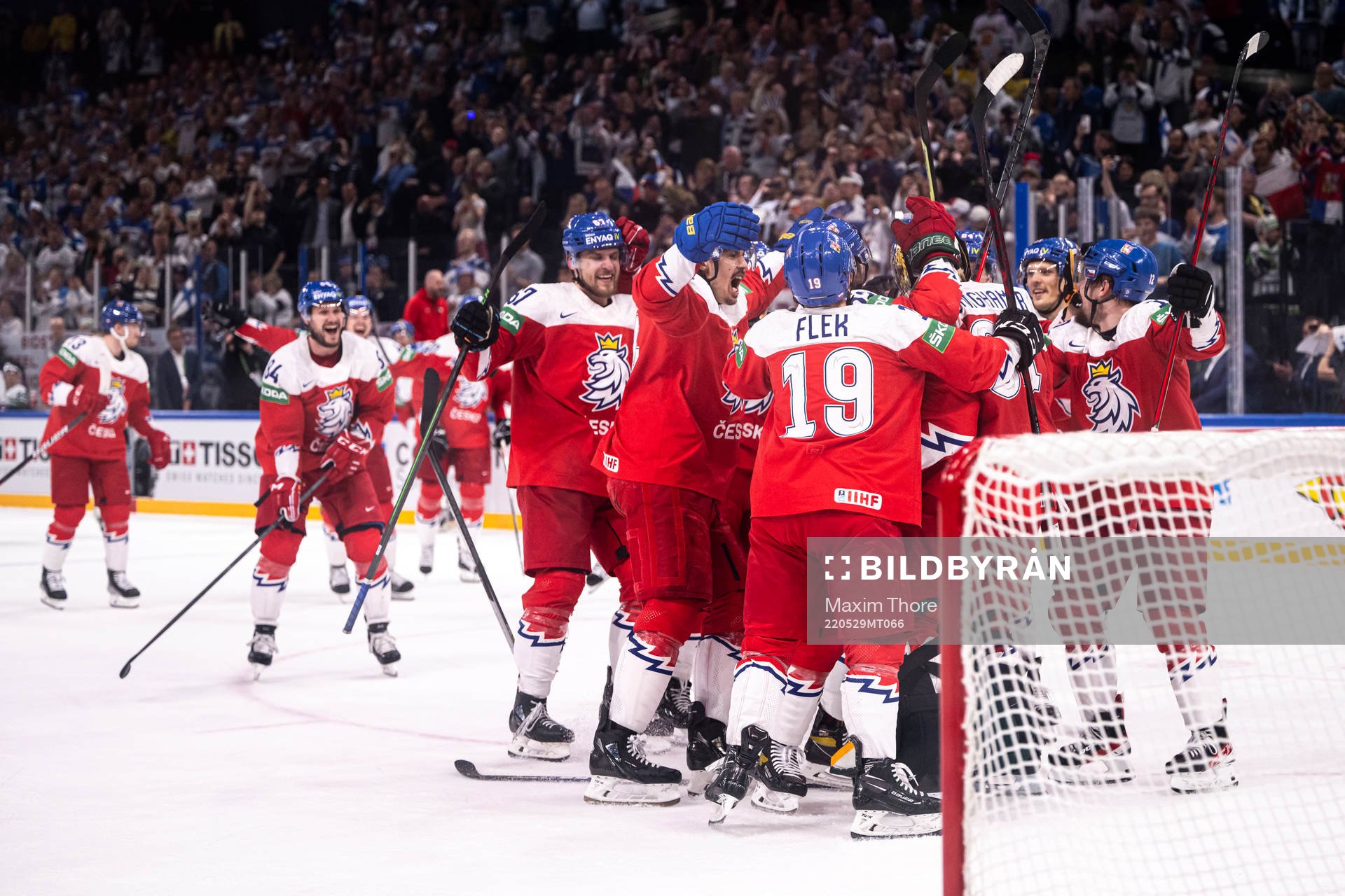 Goaltender Karel Vejmelka  of Czech Republic celebrate with