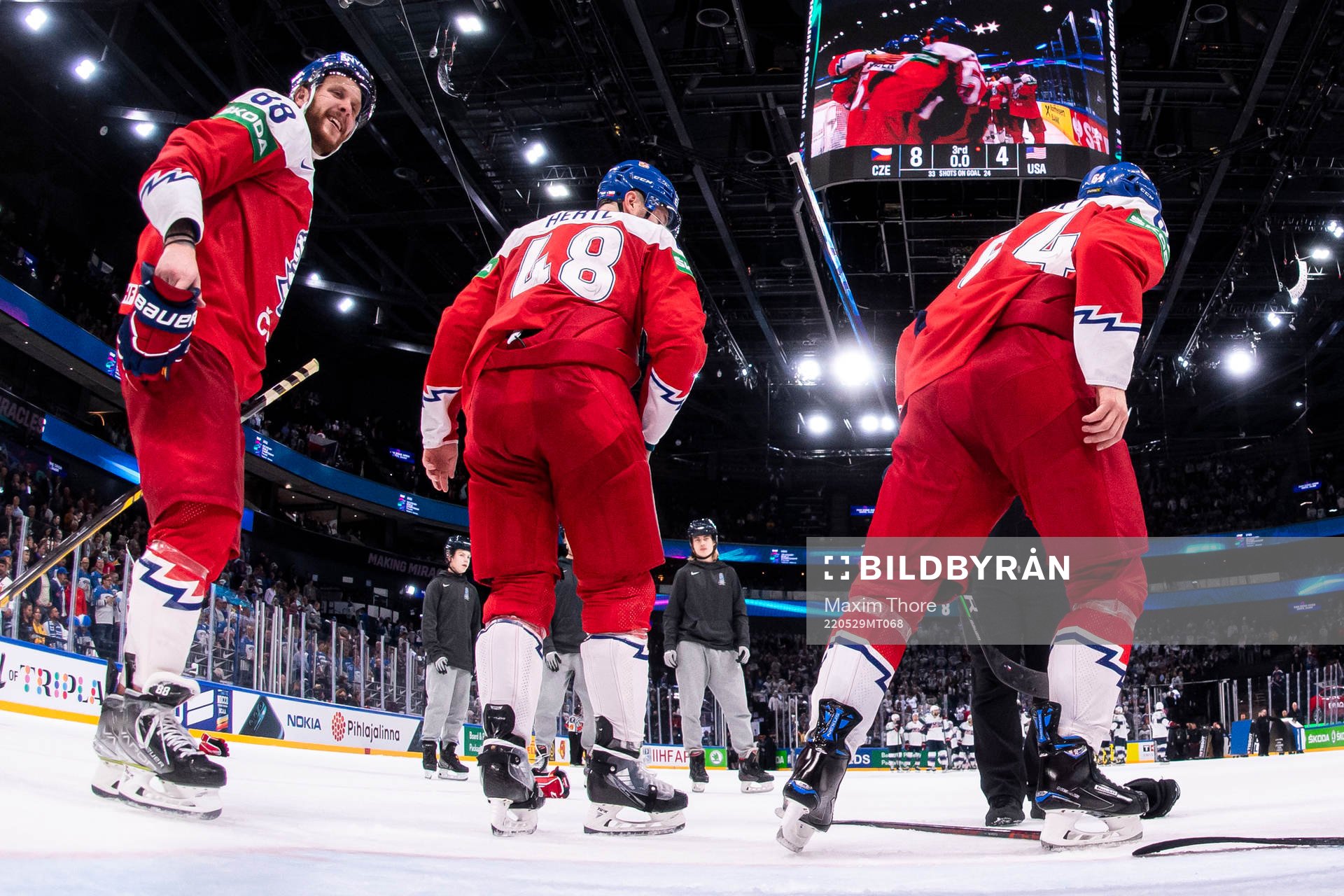 David Pastrnak (L) of Czech Republic celebrate with