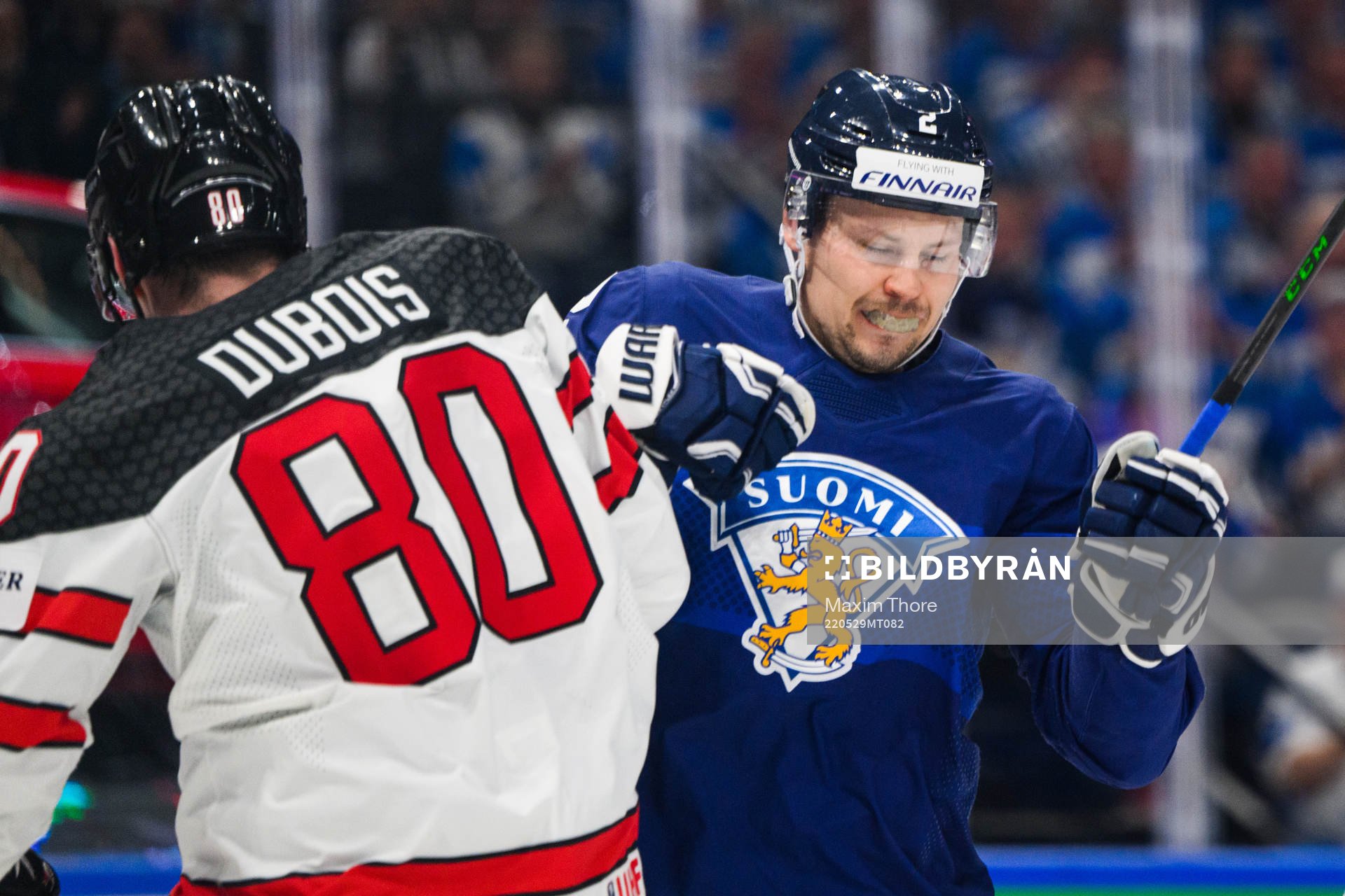 Pierre-Luc Dubois of Canada and Ville Pokka of Finland