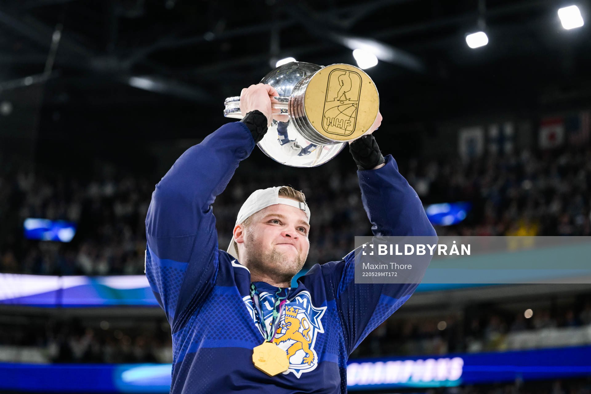Teemu Hartikainen of Finland celebrates with gold medal