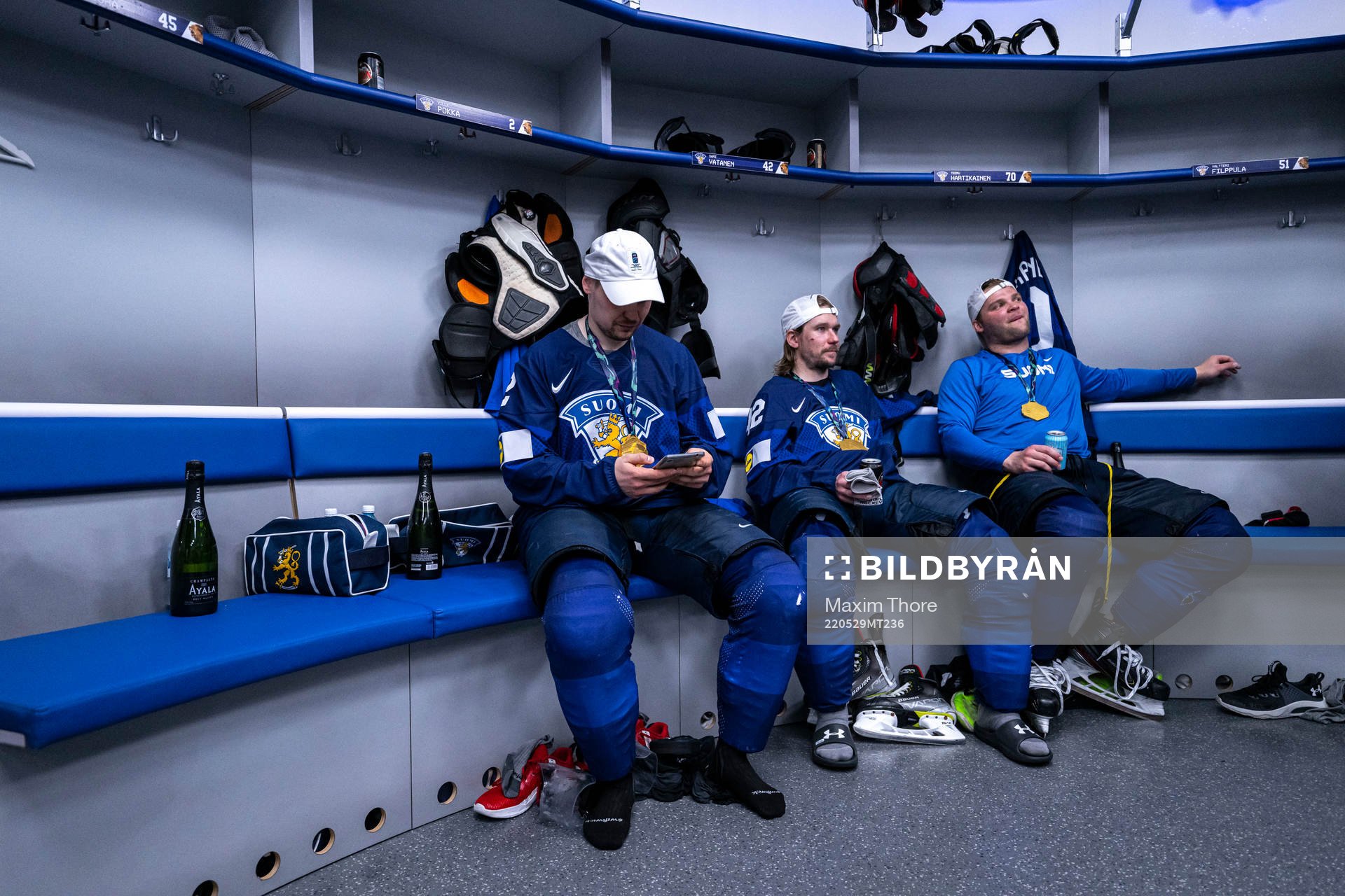 Ville Pokka and Sami Vatanen of Finland celebrate in the