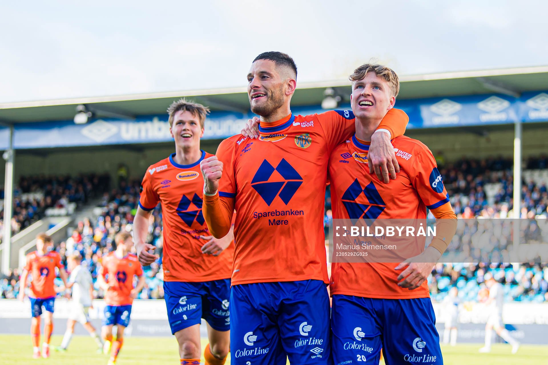 Oscar Solnørdal of Aalesund celebrates with Petar Golubovic after scoring the 2-2 goal during the Eliteserien match between Haugesund and Aalesund on May 29, 2022 in Haugesund.
