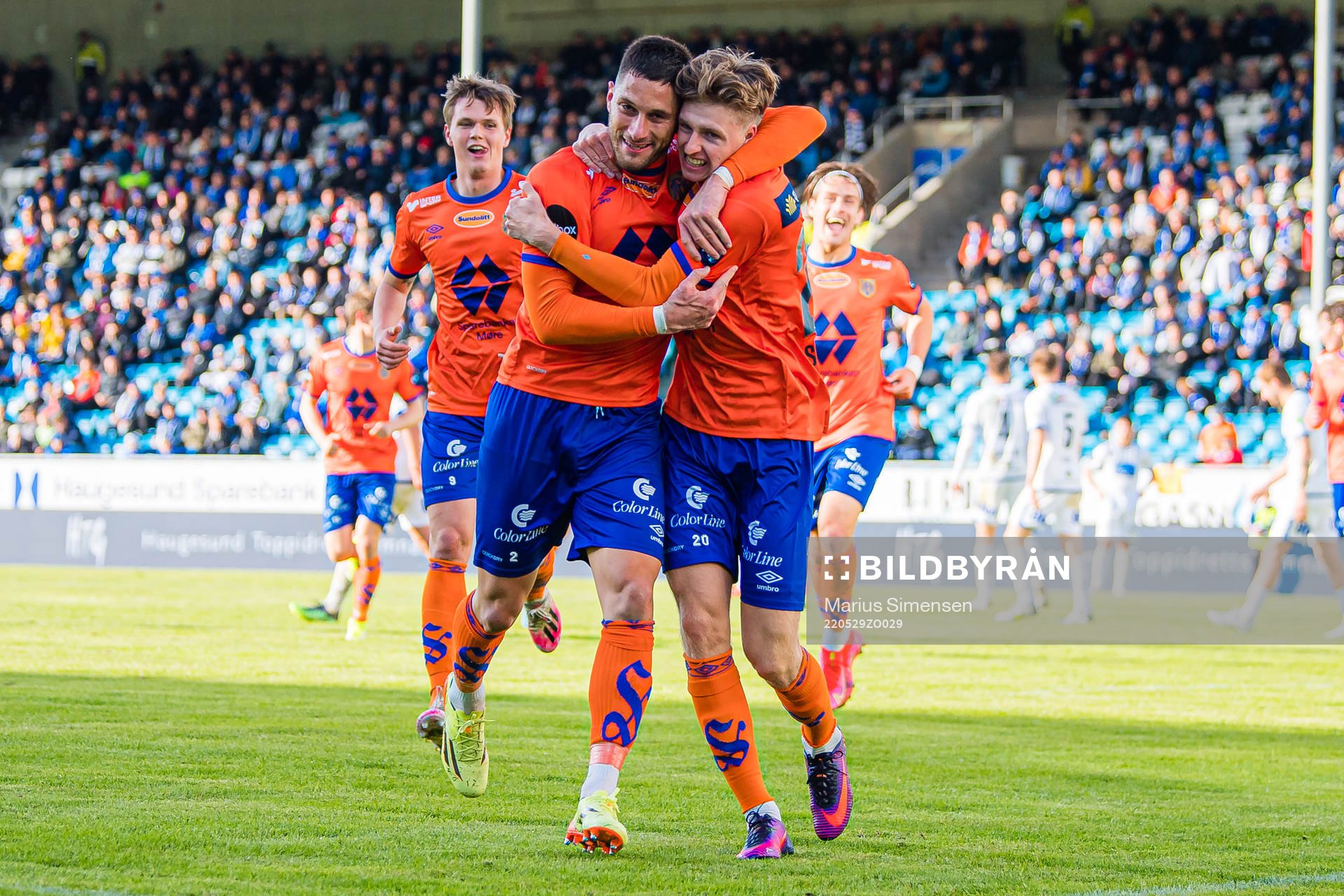 Oscar Solnørdal of Aalesund celebrates with Petar Golubovic