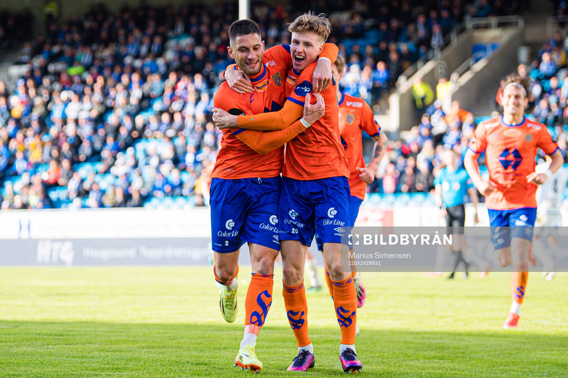 Oscar Solnørdal of Aalesund celebrates with Petar Golubovic