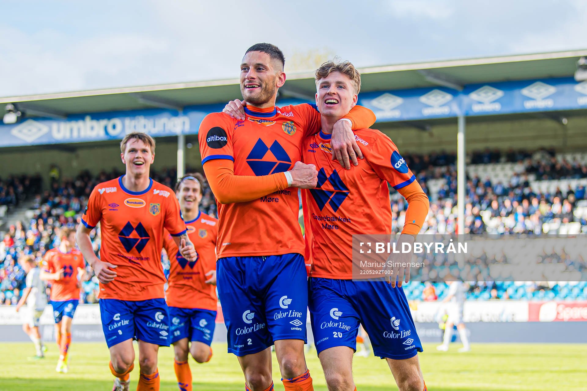 Oscar Solnørdal of Aalesund celebrates after scoring the 2-2 goal during the Eliteserien match between Haugesund and Aalesund on May 29, 2022 in Haugesund.