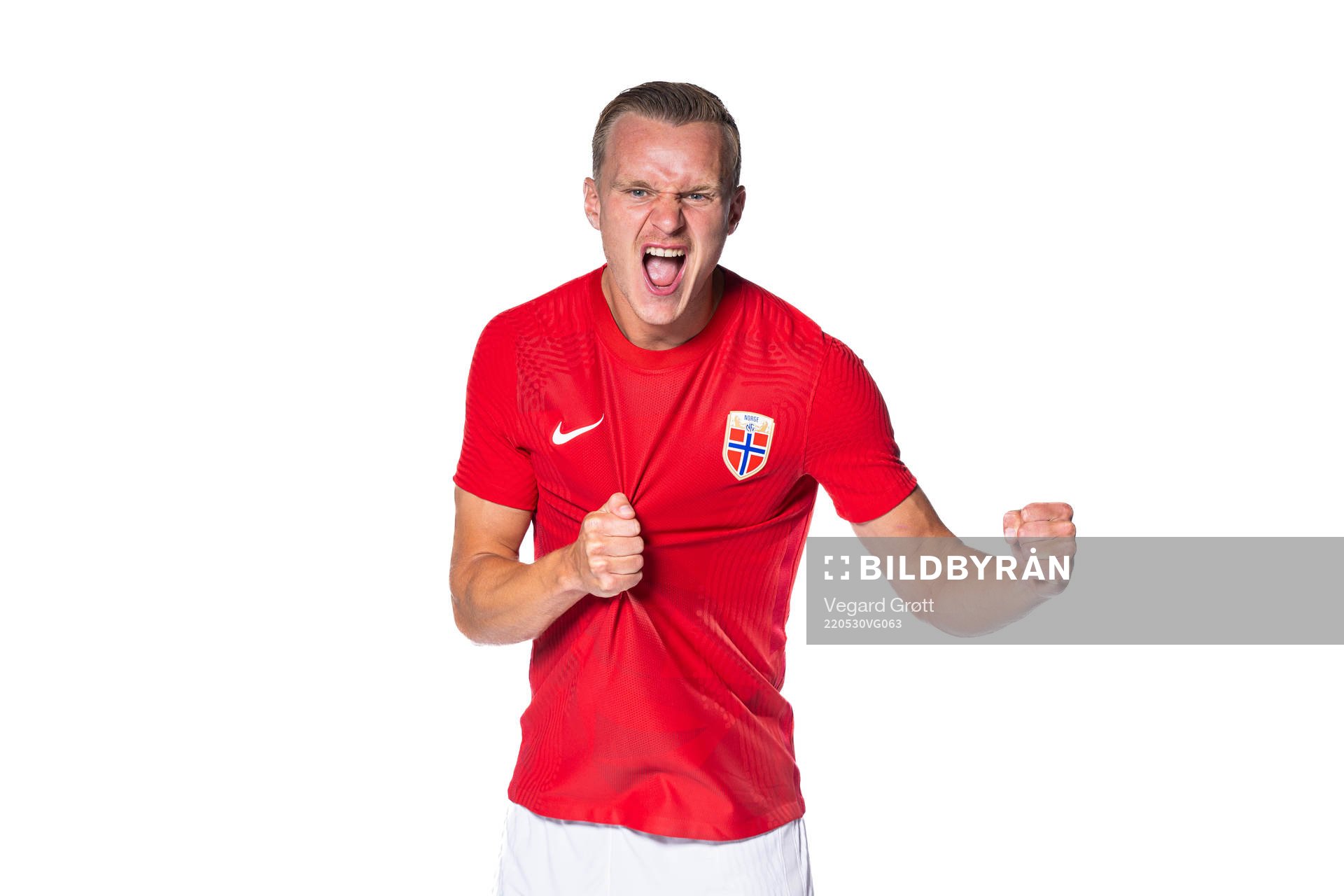 Marius Lode of the Norwegian national football team poses