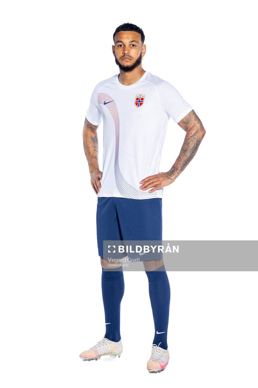 Joshua King of the Norwegian national football team poses