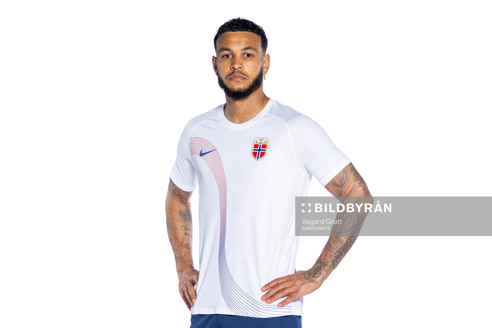 Joshua King of the Norwegian national football team poses