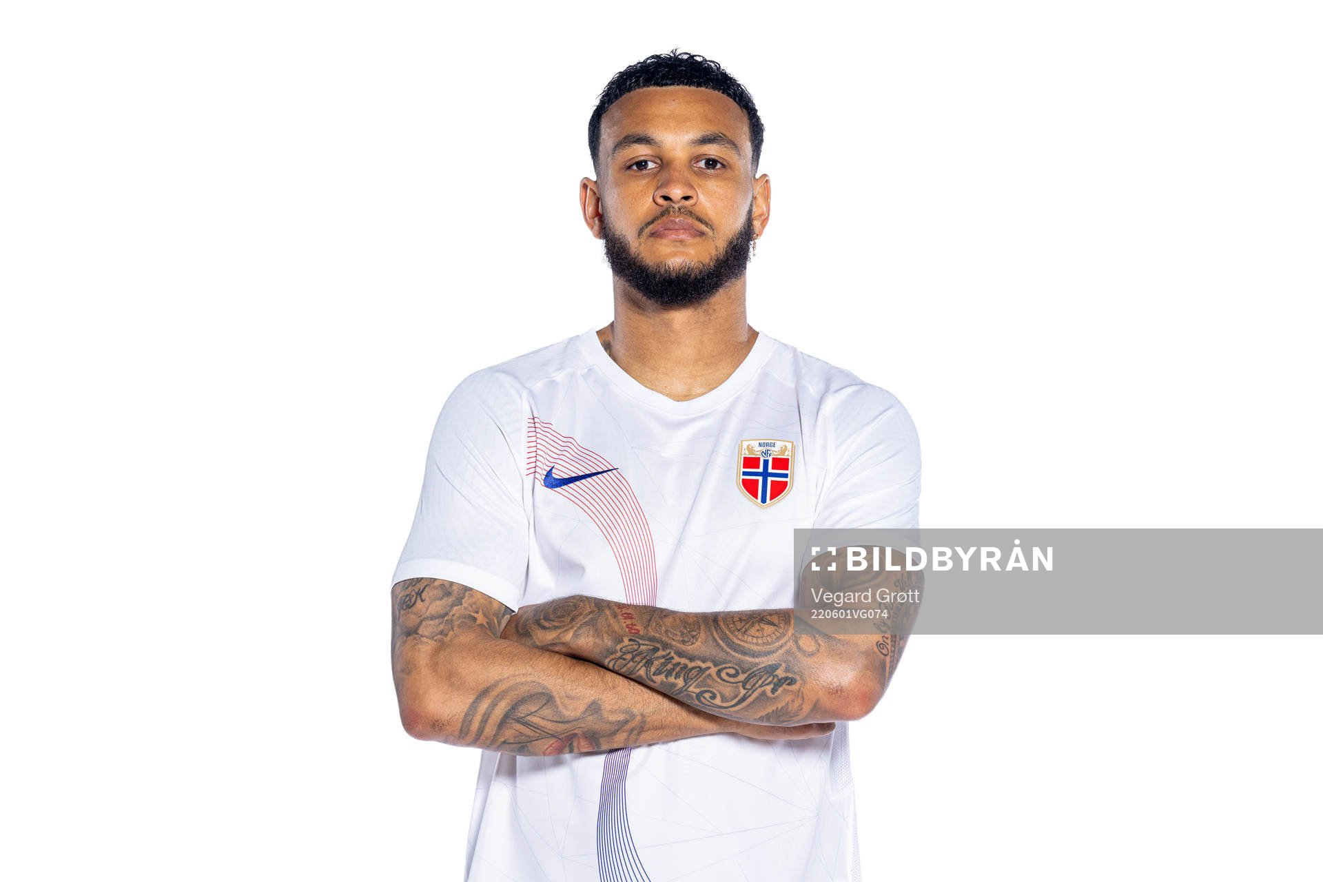 Joshua King of the Norwegian national football team poses