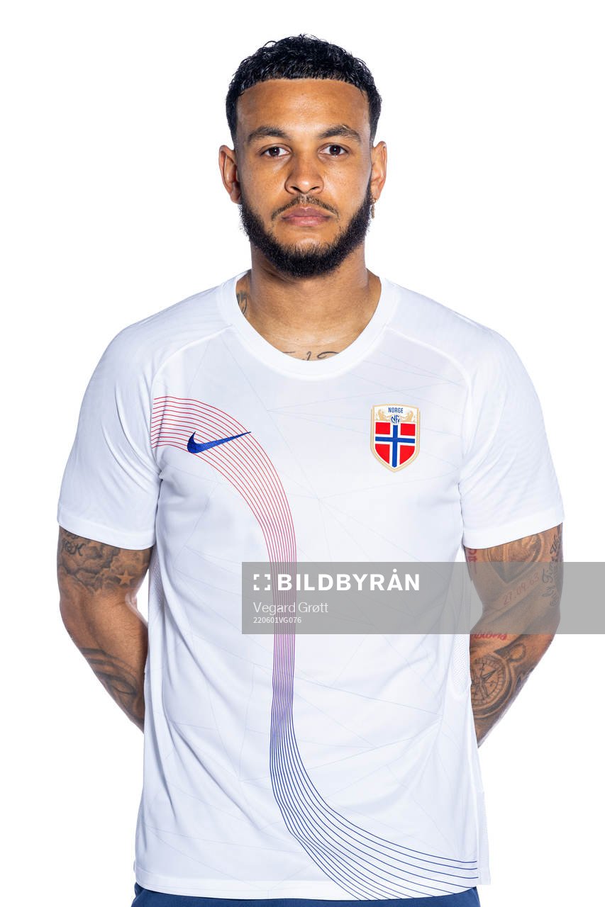 Joshua King of the Norwegian national football team poses
