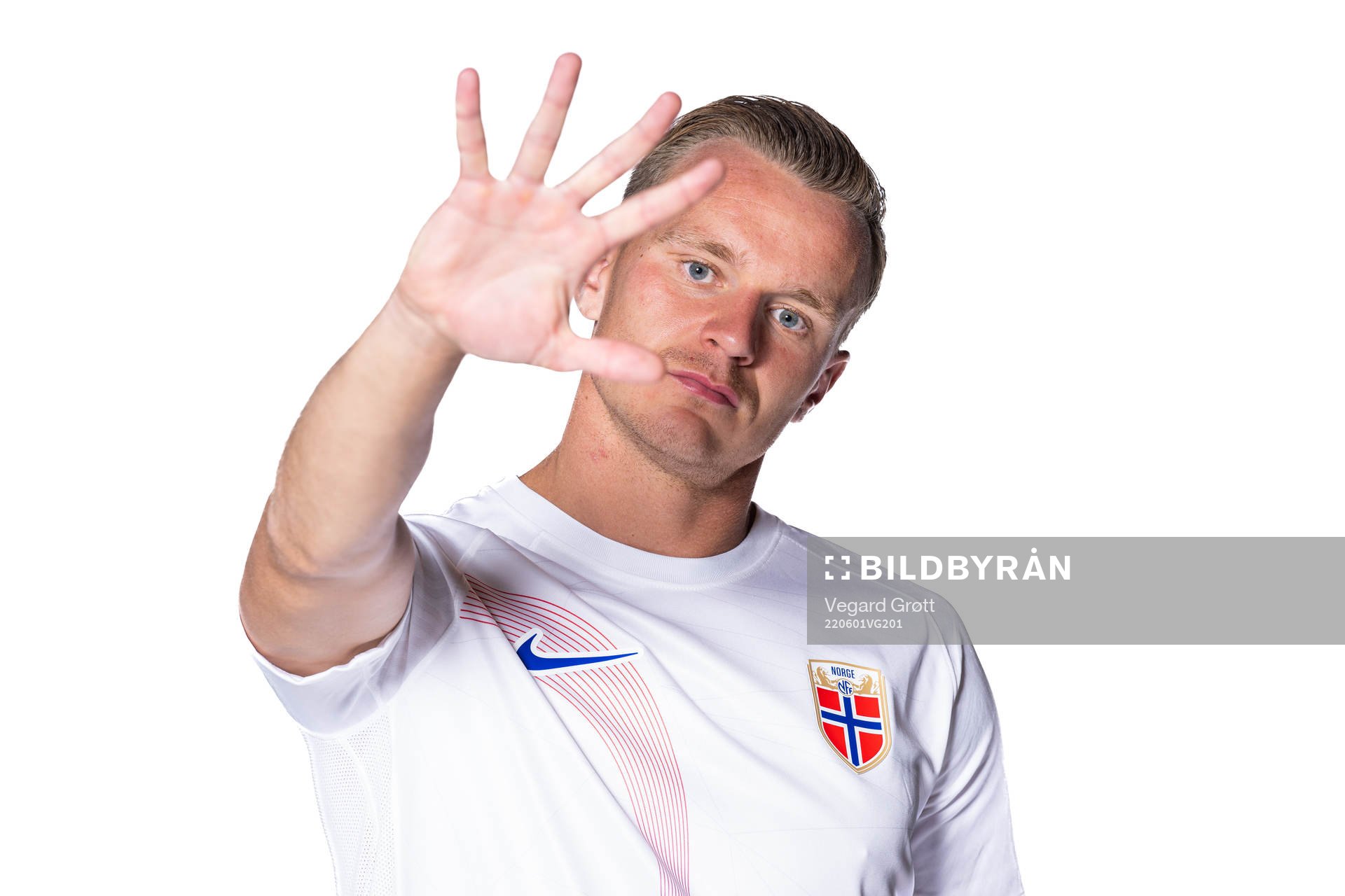 Marius Lode of the Norwegian national football team poses