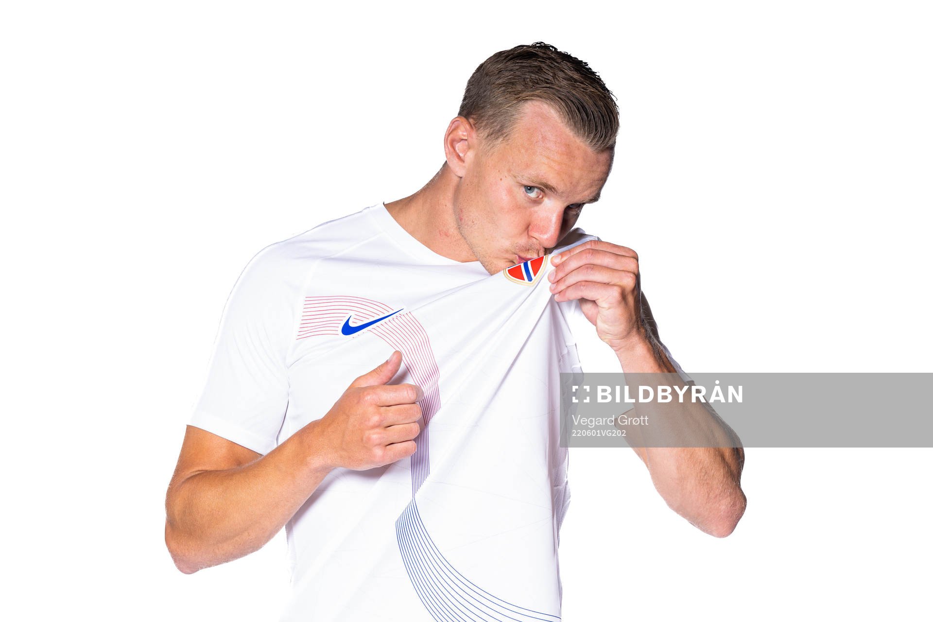 Marius Lode of the Norwegian national football team poses