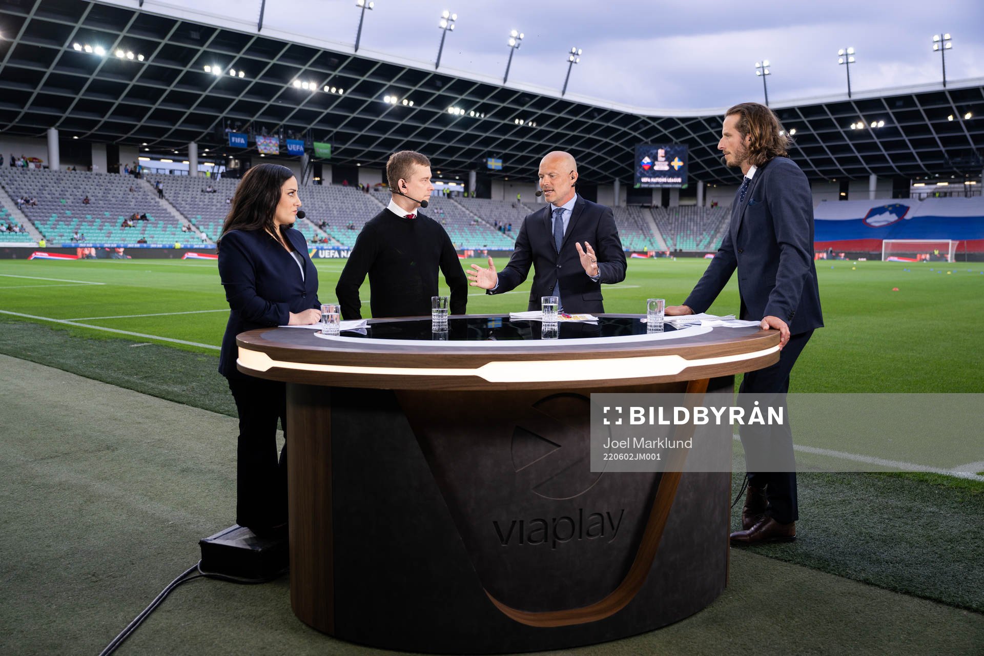 The studio of Swedish broadcaster Viaplay with Jennifer Kücükaslan, Erik Niva, Fredrik Ljungberg and Jonas Olsson ahead of the Nations League football match between Slovenia and Sweden on June 2, 2022 in Ljubljana.