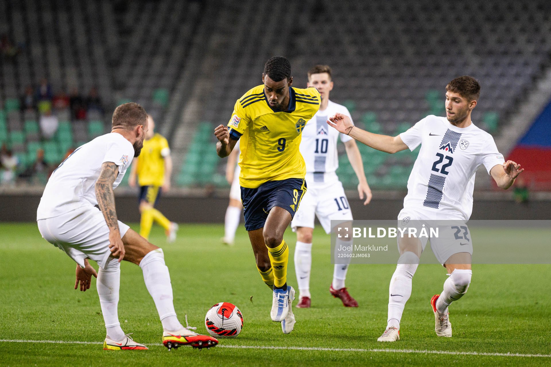 Alexander Isak of Sweden against Miha Blazic and Adam