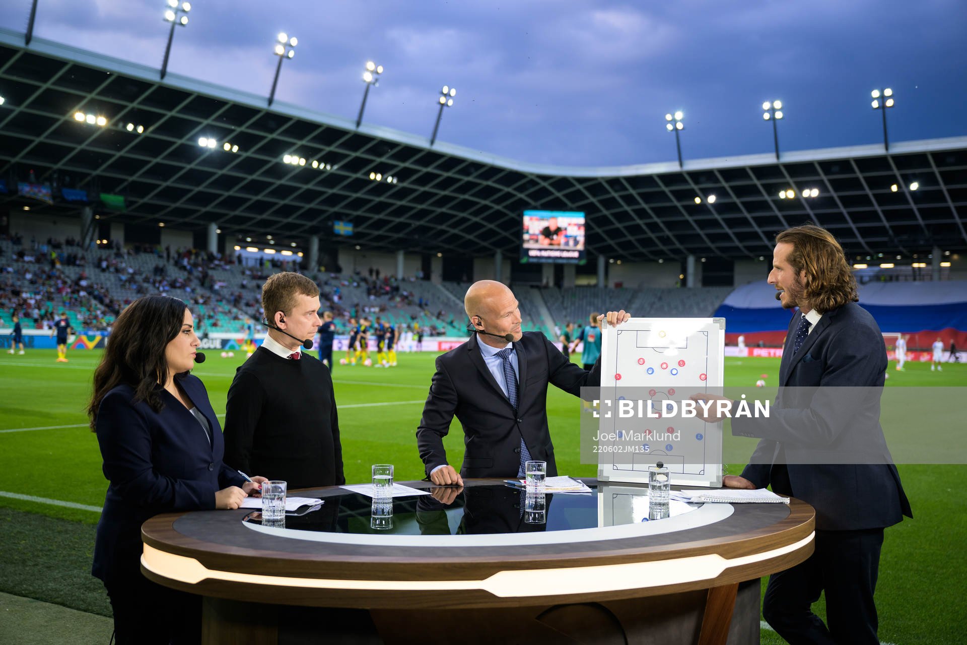 The studio of Swedish broadcaster Viaplay with Jennifer Kücükaslan, Erik Niva, Fredrik Ljungberg and Jonas Olsson ahead of the Nations League football match between Slovenia and Sweden on June 2, 2022 in Ljubljana.