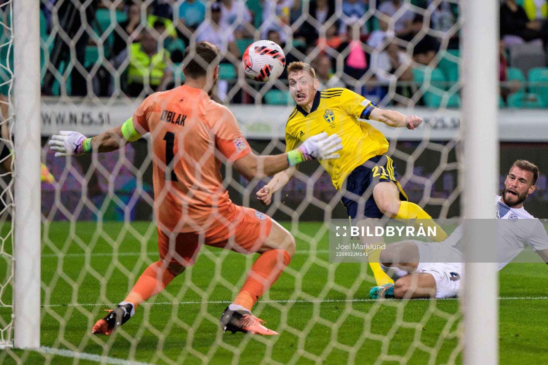 Dejan Kulusevski of Sweden scores 0-2 behind goalkeeper Jan