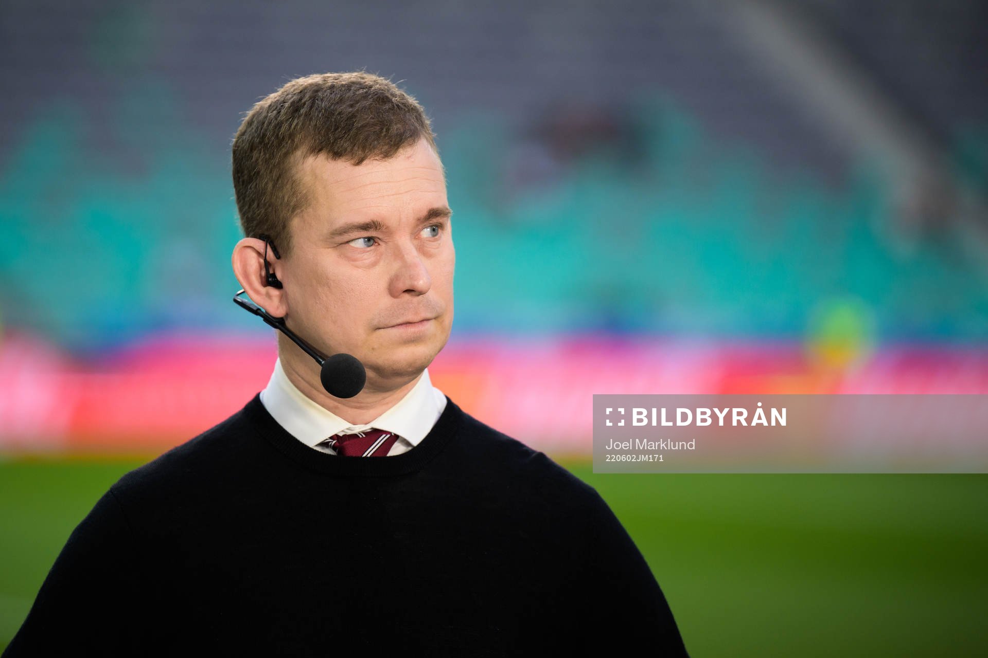 Erik Niva in the studio of Swedish broadcaster Viaplay ahead of the Nations League football match between Slovenia and Sweden on June 2, 2022 in Ljubljana.