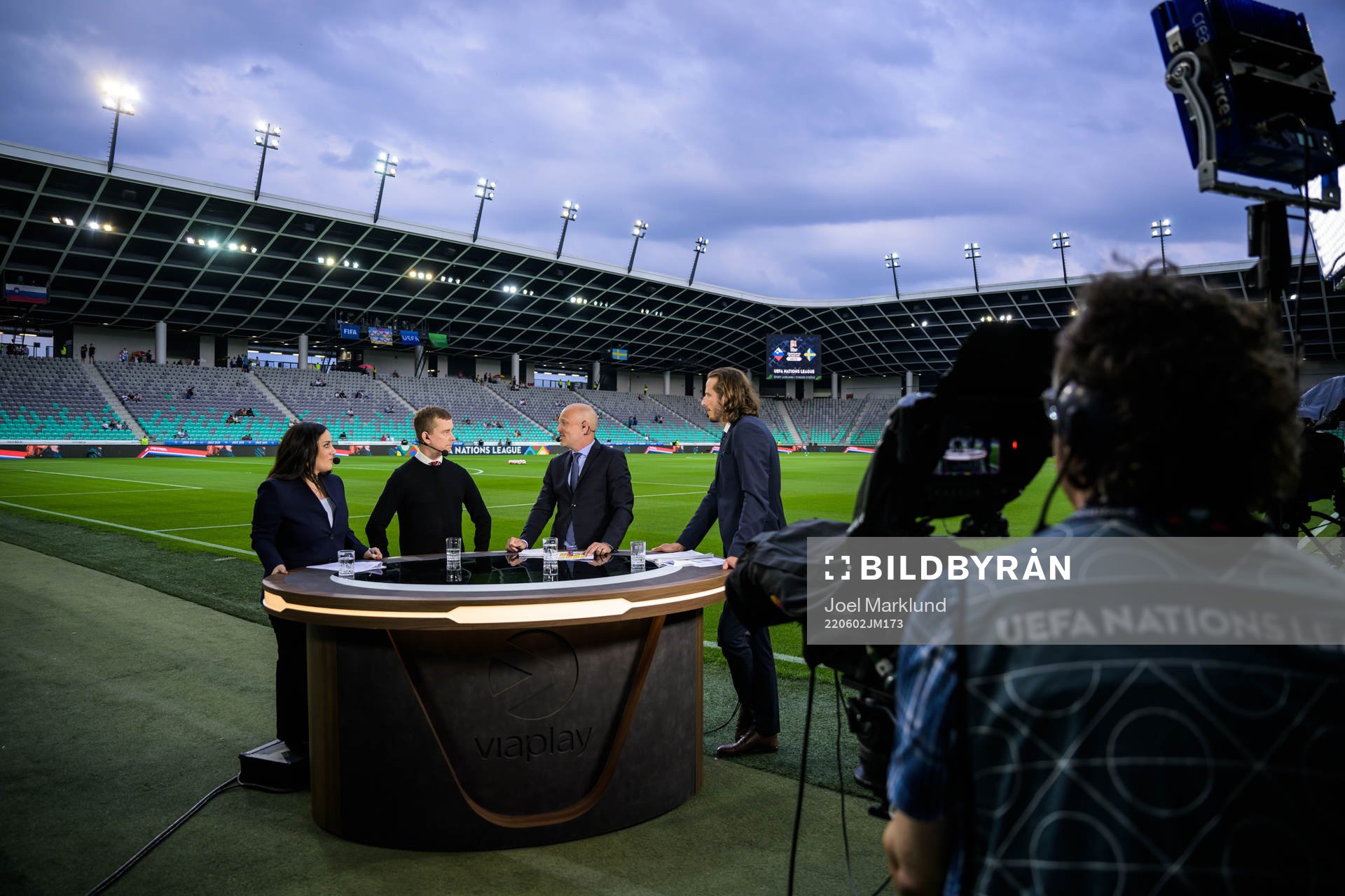 The studio of Swedish broadcaster Viaplay with Jennifer Kücükaslan, Erik Niva, Fredrik Ljungberg and Jonas Olsson ahead of the Nations League football match between Slovenia and Sweden on June 2, 2022 in Ljubljana.