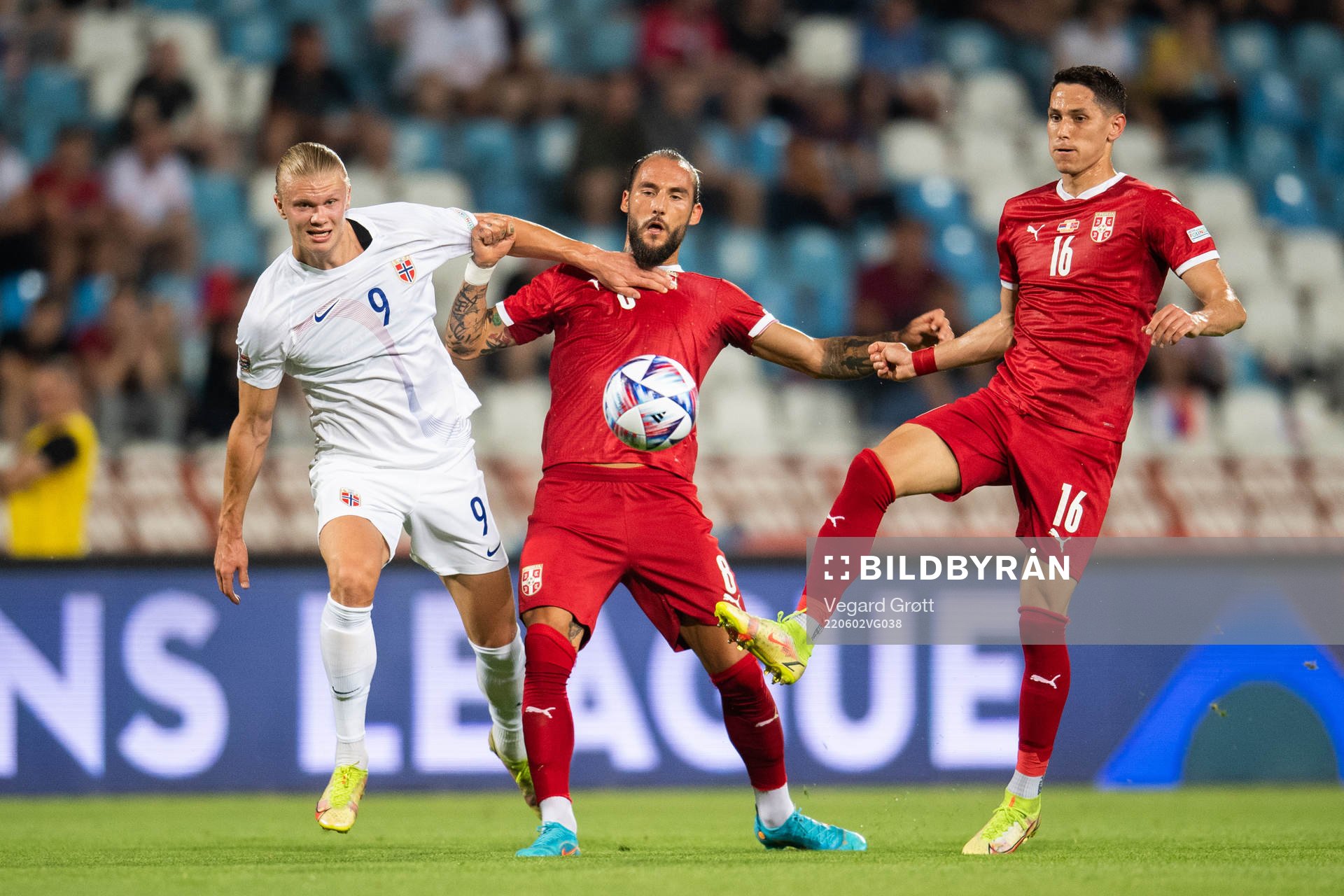 Erling Braut Haaland of Norway, Nemanja Gudelj and Sasa