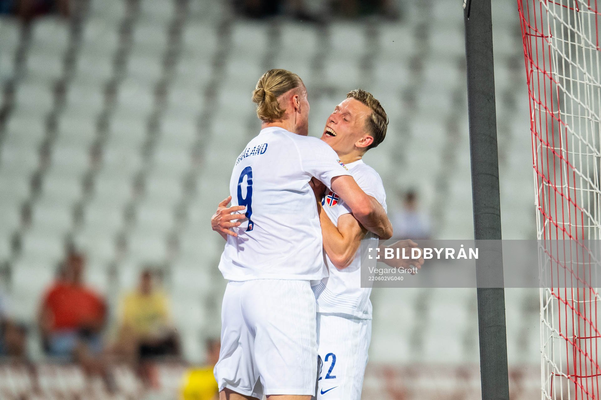 Erling Braut Haaland celebrate with Marcus Holmgren Pedersen of Norway after scoring 0-1 during the Nations League football match between Serbia and Norway on June 2, 2022 in Belgrade.