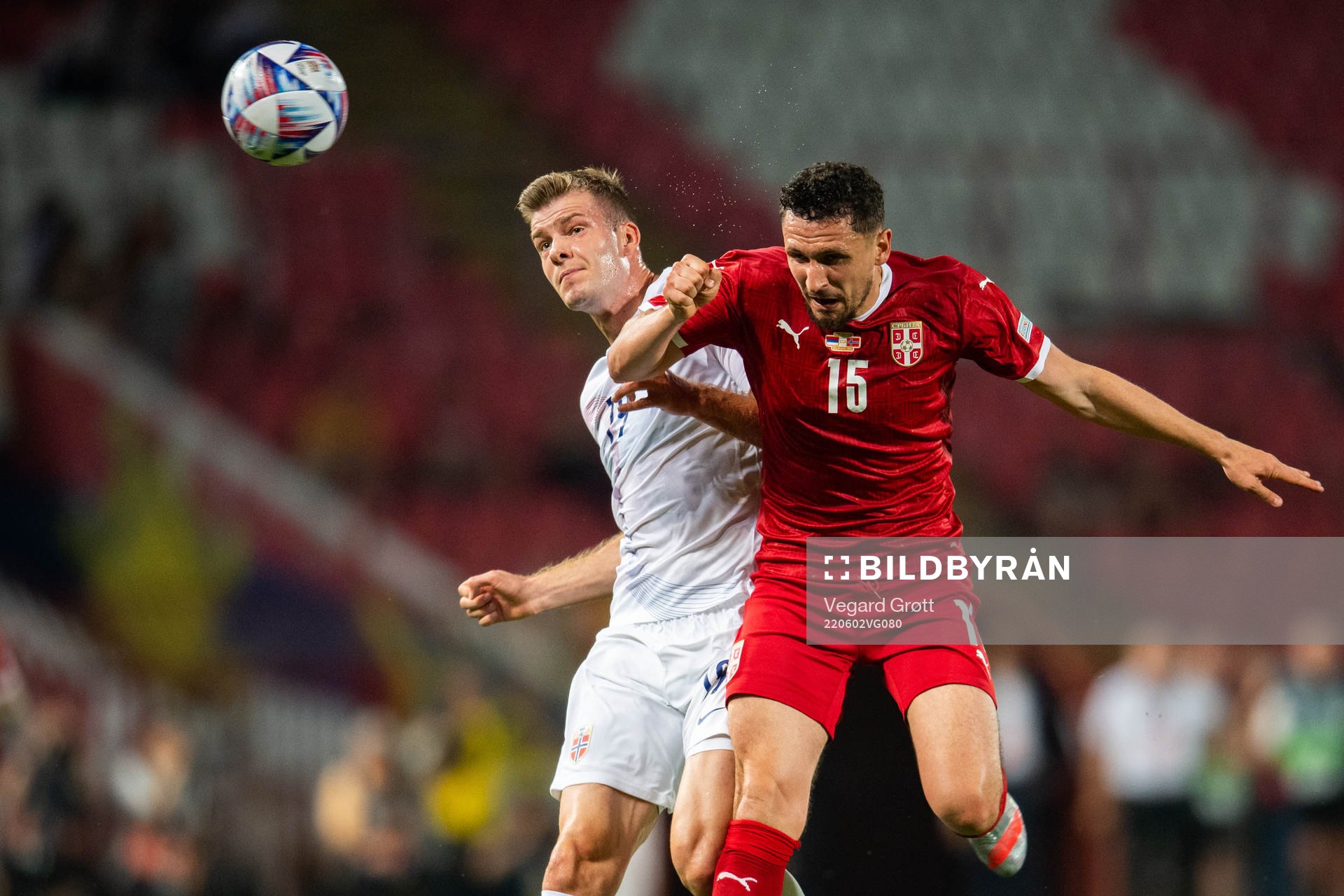 Alexander Sørloth of Norway and Milos Veljković of Serbia