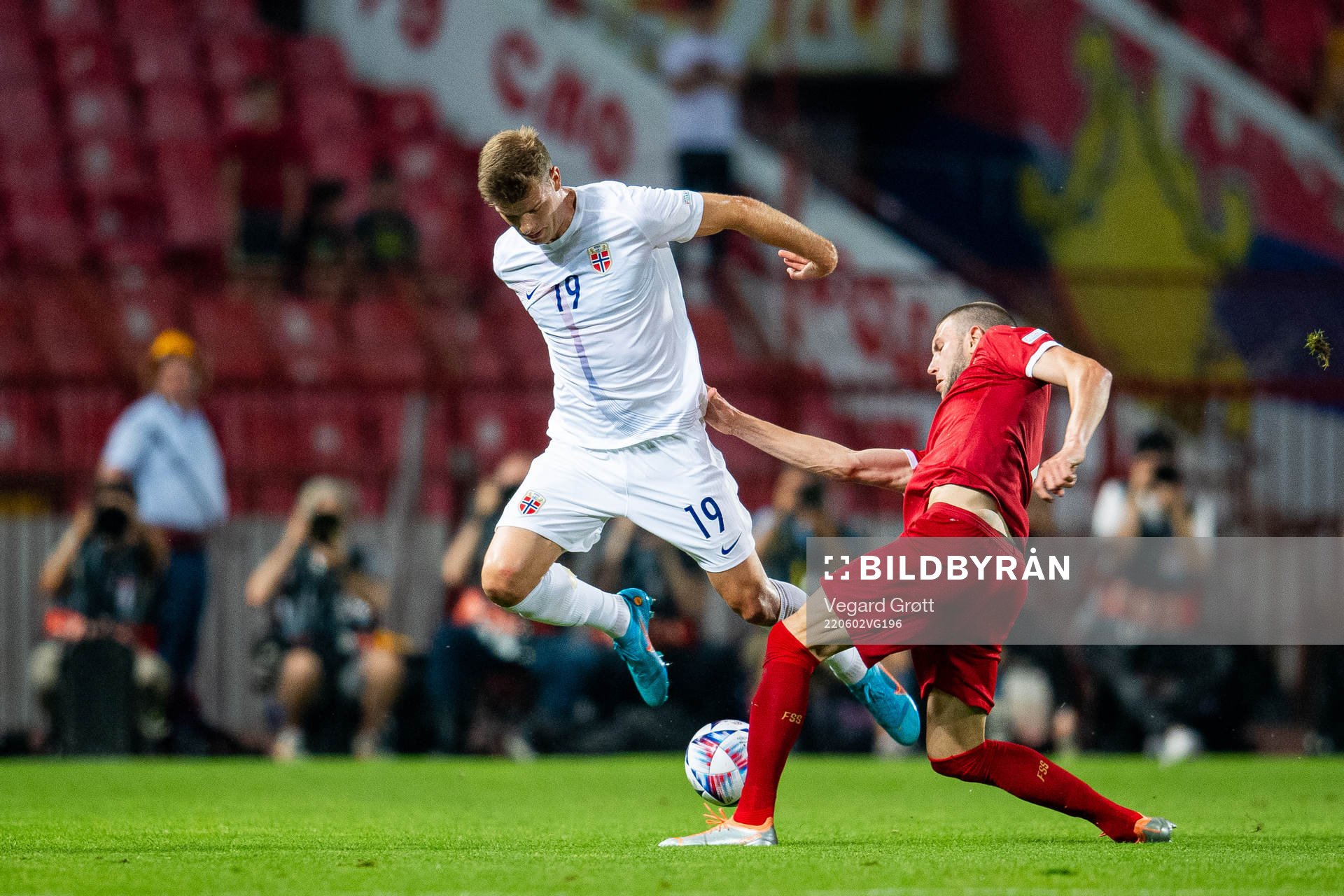 Alexander Sørloth of Norway and Strahinja Pavlović of