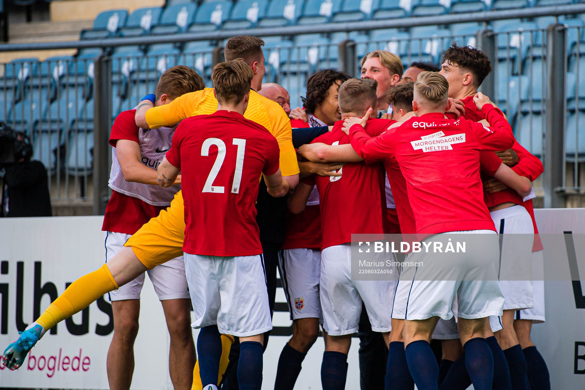 Jørgen Strand Larsen of Norway celebrates after scoring the 3-2 goal during the UEFA European Under-21 Qualifier football match between Norway and Croatia on June 3, 2022 in Drammen.