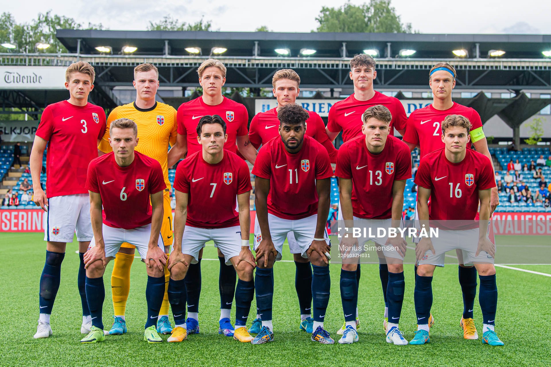 The starting eleven of Norway, from the top left; Henrik Heggheim, Kristoffer-August Sundquist Klaesson, Jesper Norman Daland, Sebastian Søraas Sebulonsen, Jørgen Strand Larsen, Erik Botheim, Johan Hove, Hugo Vegard Vetlesen, Emil Konradsen Ceide, Leo Fuhr Hjelde and Kristian Fredrik Malt Arnstad of Norway poses for a team group photo ahead of during the UEFA European Under-21 Qualifier football match between Norway and Croatia on June 3, 2022 in Drammen.